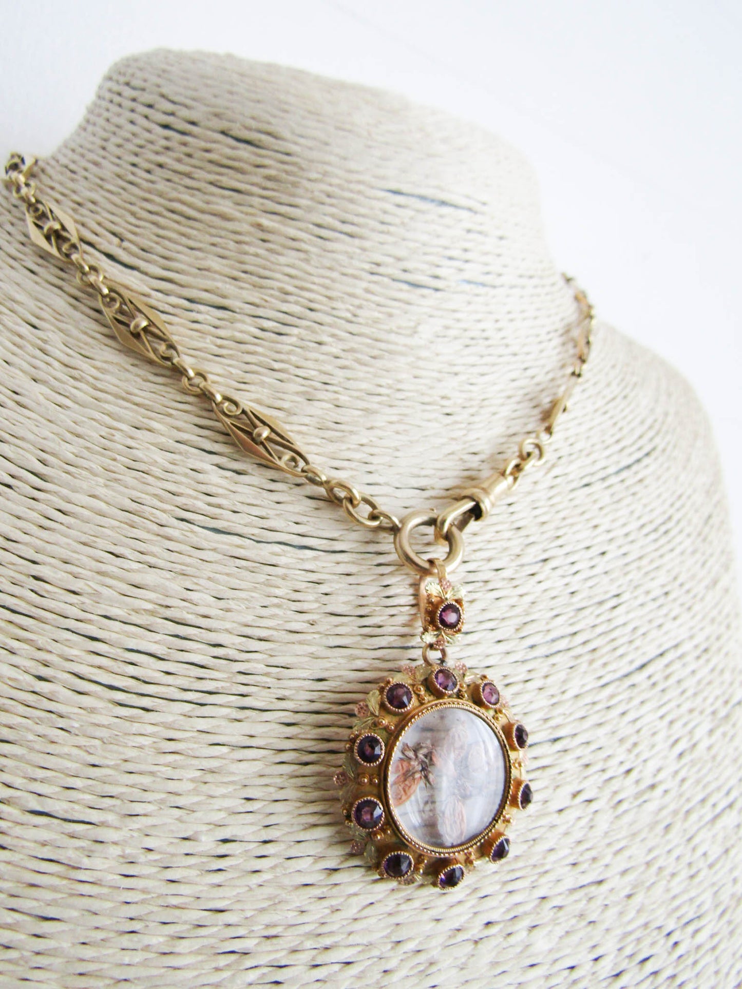 14K Gold Amethyst Victorian Photo Locket, Napoleon III sentimental Locket with glass door