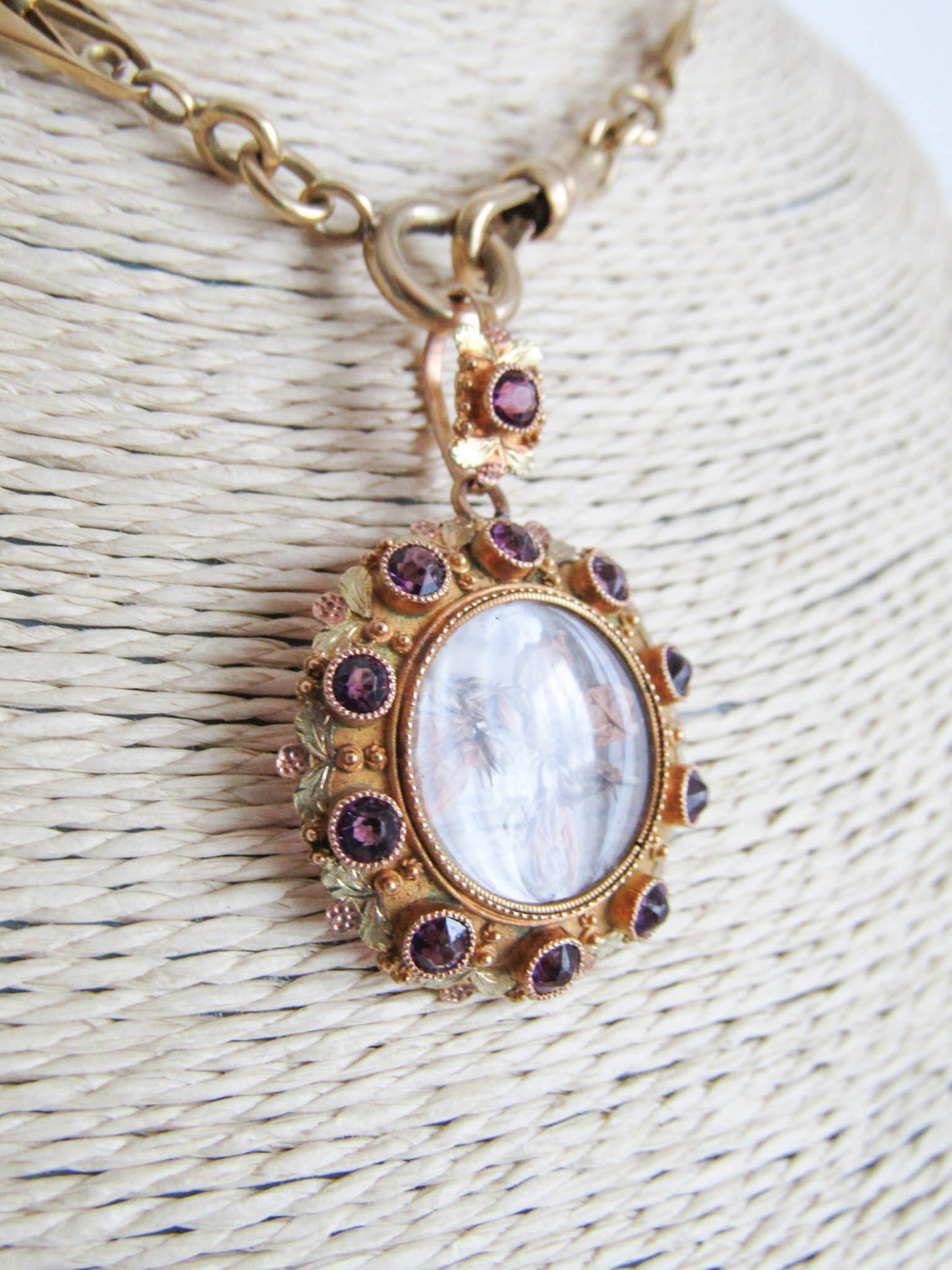 14K Gold Amethyst Victorian Photo Locket, Napoleon III sentimental Locket with glass door