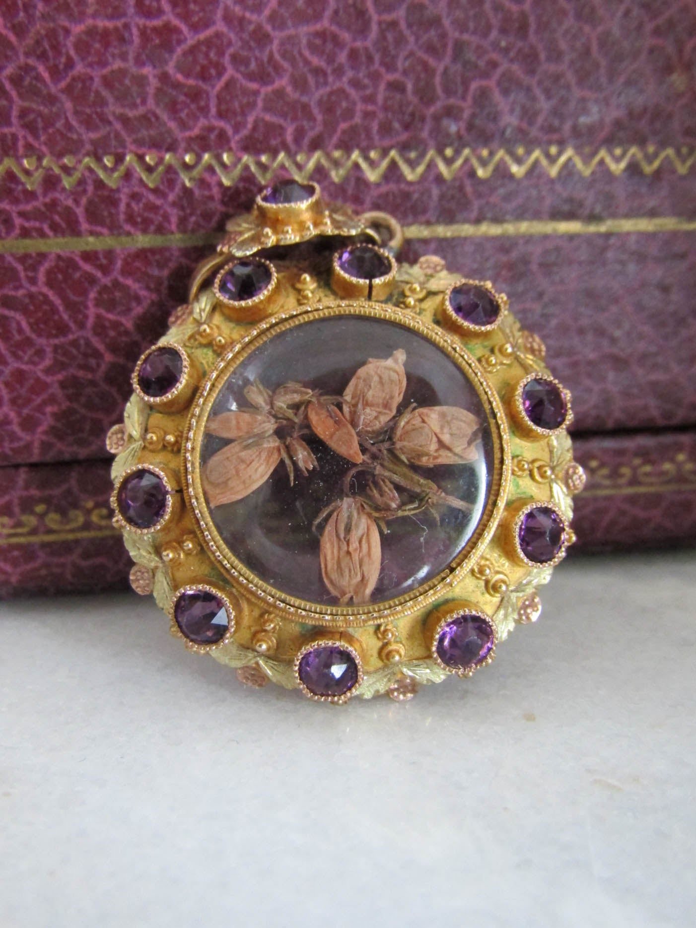 14K Gold Amethyst Victorian Photo Locket, Napoleon III sentimental Locket with glass door