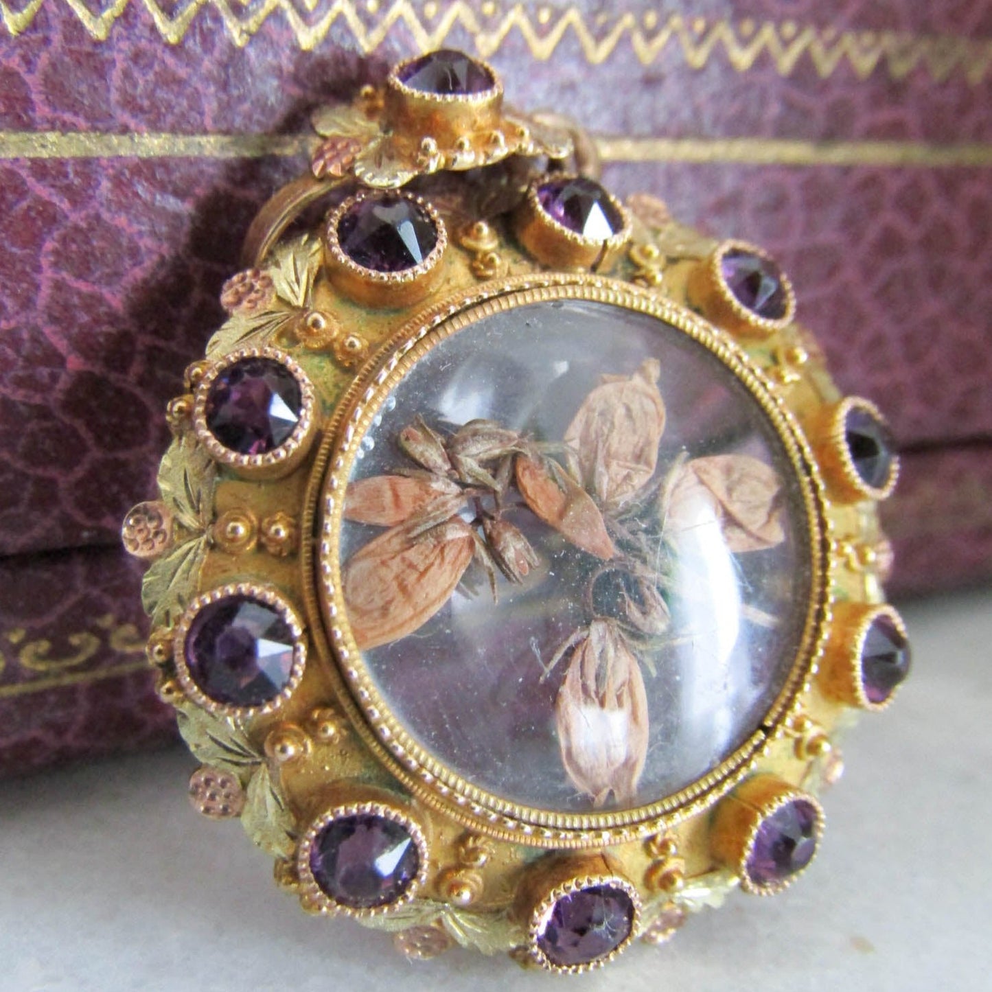 14K Gold Amethyst Victorian Photo Locket, Napoleon III sentimental Locket with glass door