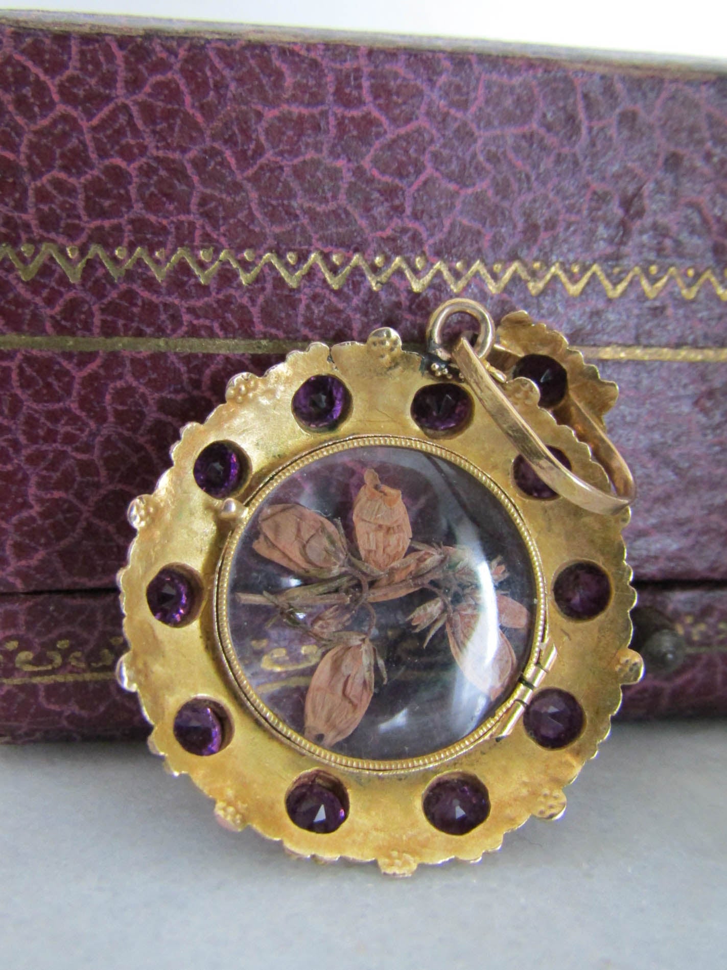 14K Gold Amethyst Victorian Photo Locket, Napoleon III sentimental Locket with glass door
