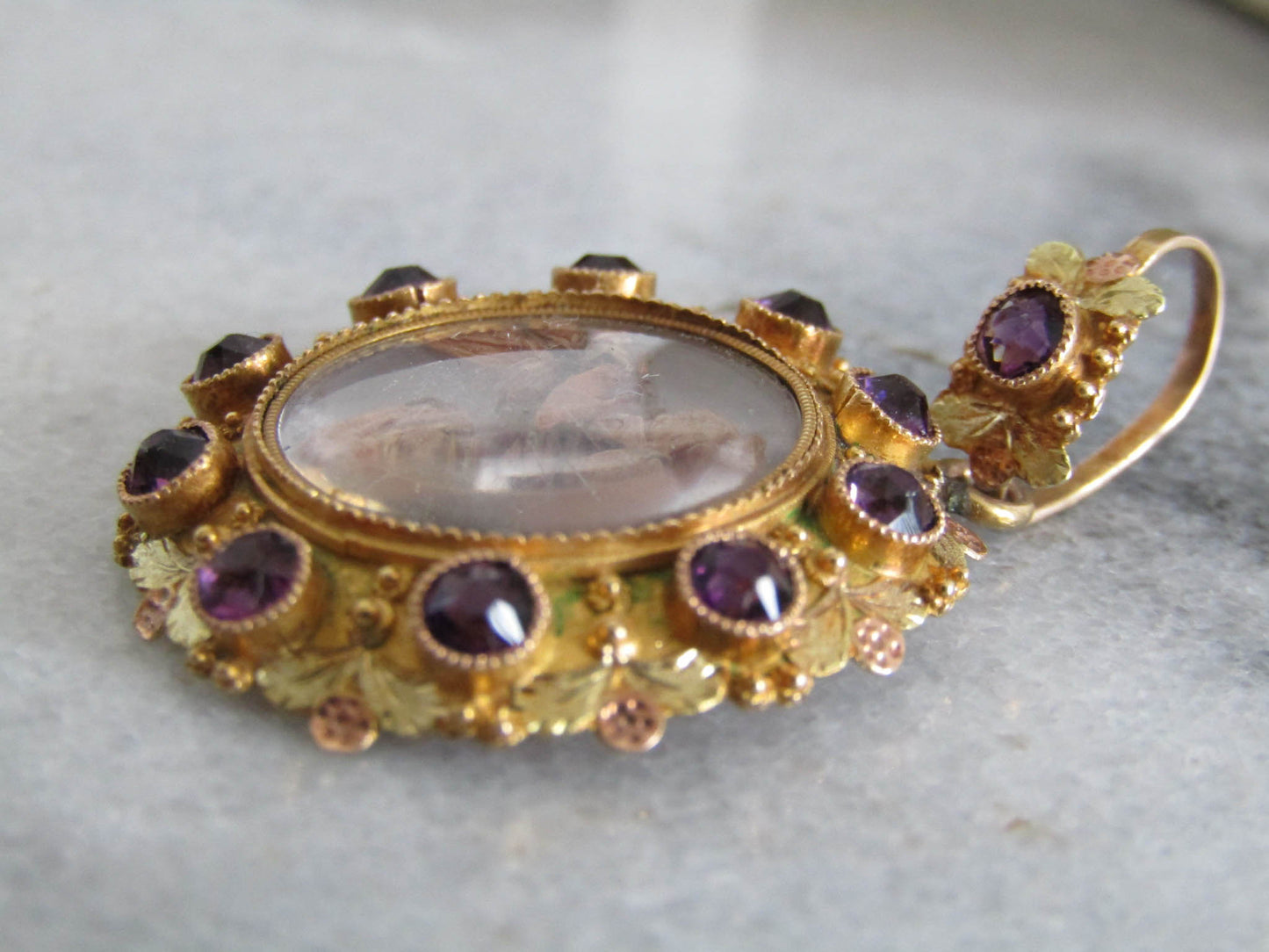 14K Gold Amethyst Victorian Photo Locket, Napoleon III sentimental Locket with glass door