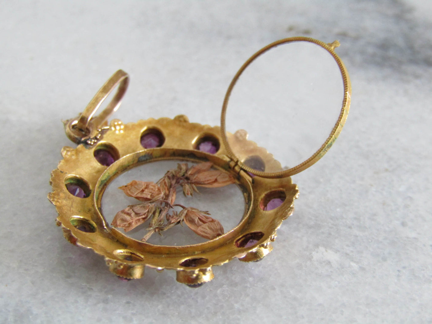 14K Gold Amethyst Victorian Photo Locket, Napoleon III sentimental Locket with glass door