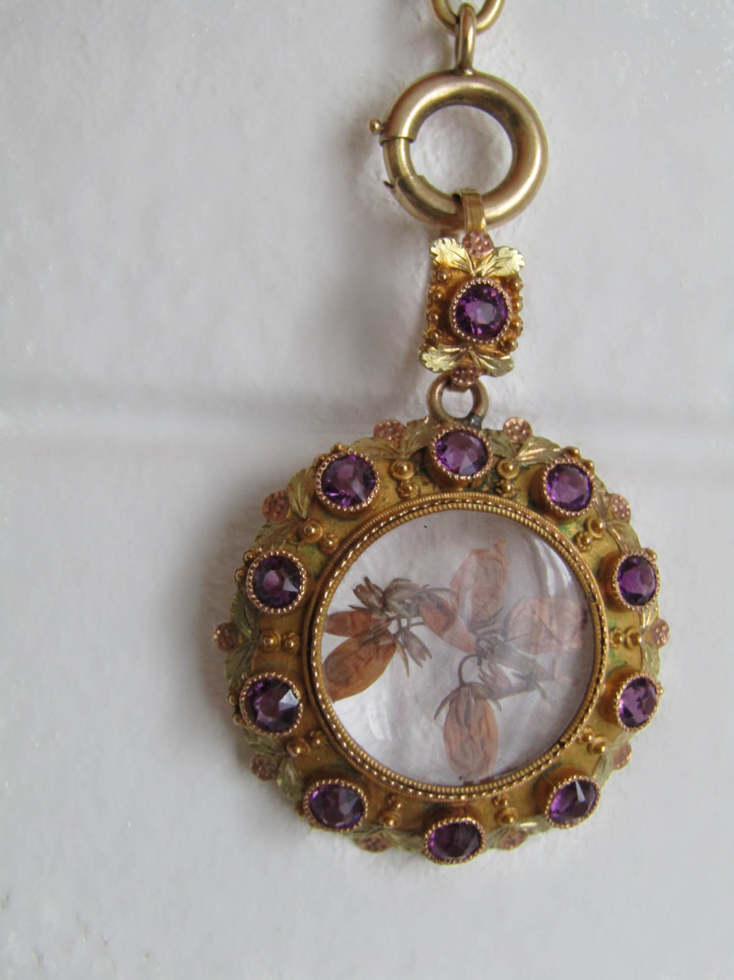 14K Gold Amethyst Victorian Photo Locket, Napoleon III sentimental Locket with glass door