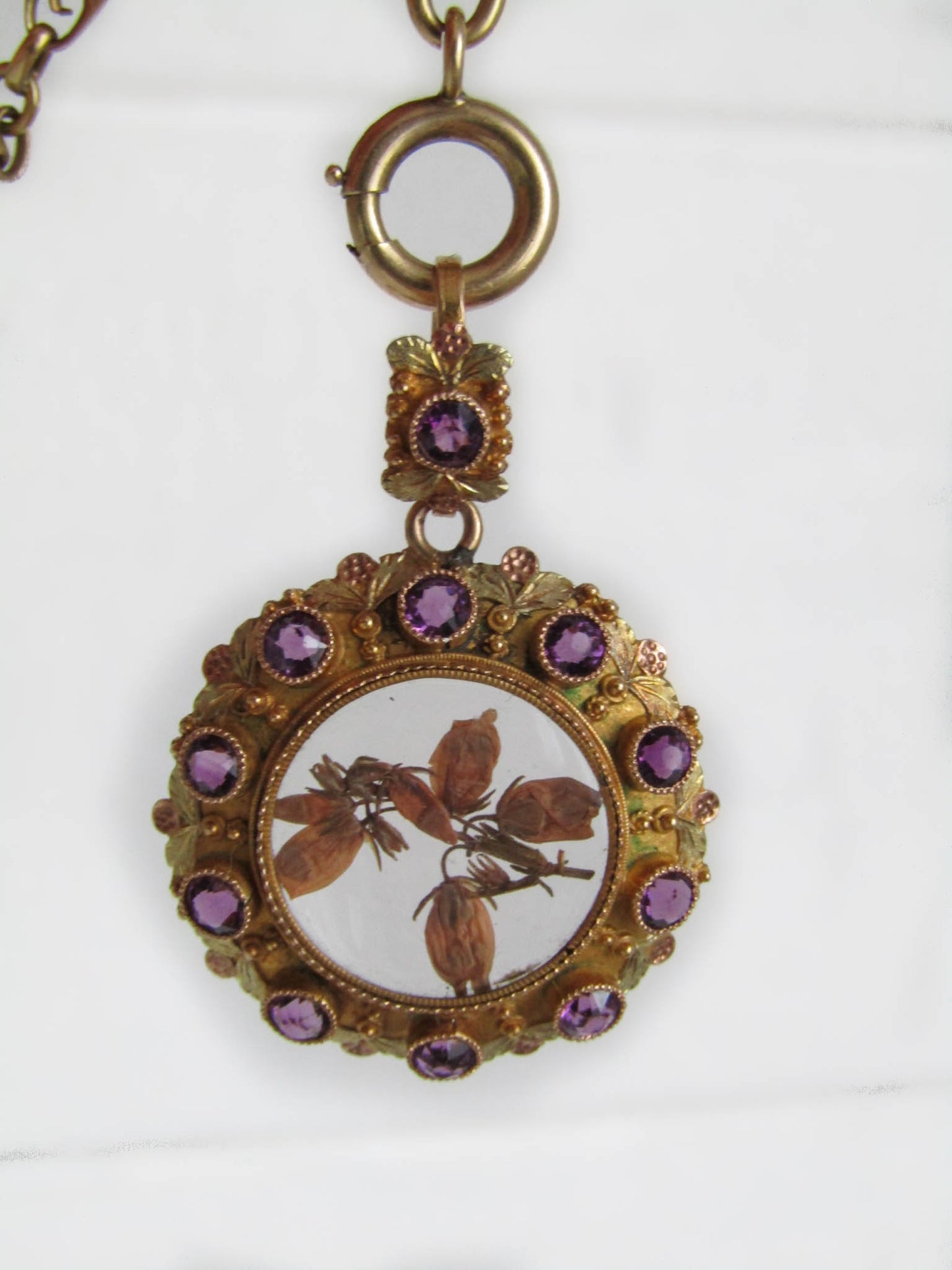 14K Gold Amethyst Victorian Photo Locket, Napoleon III sentimental Locket with glass door