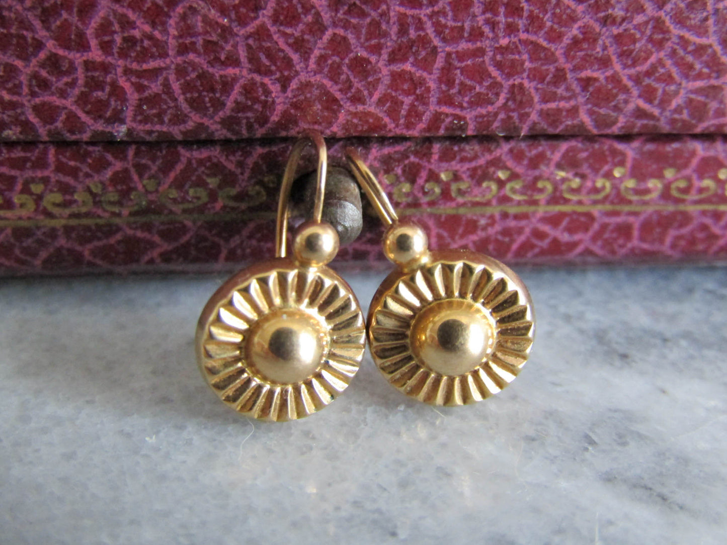 18K Gold French Vintage Mid-Century Sunburst Earrings, Vintage French Drop Earrings