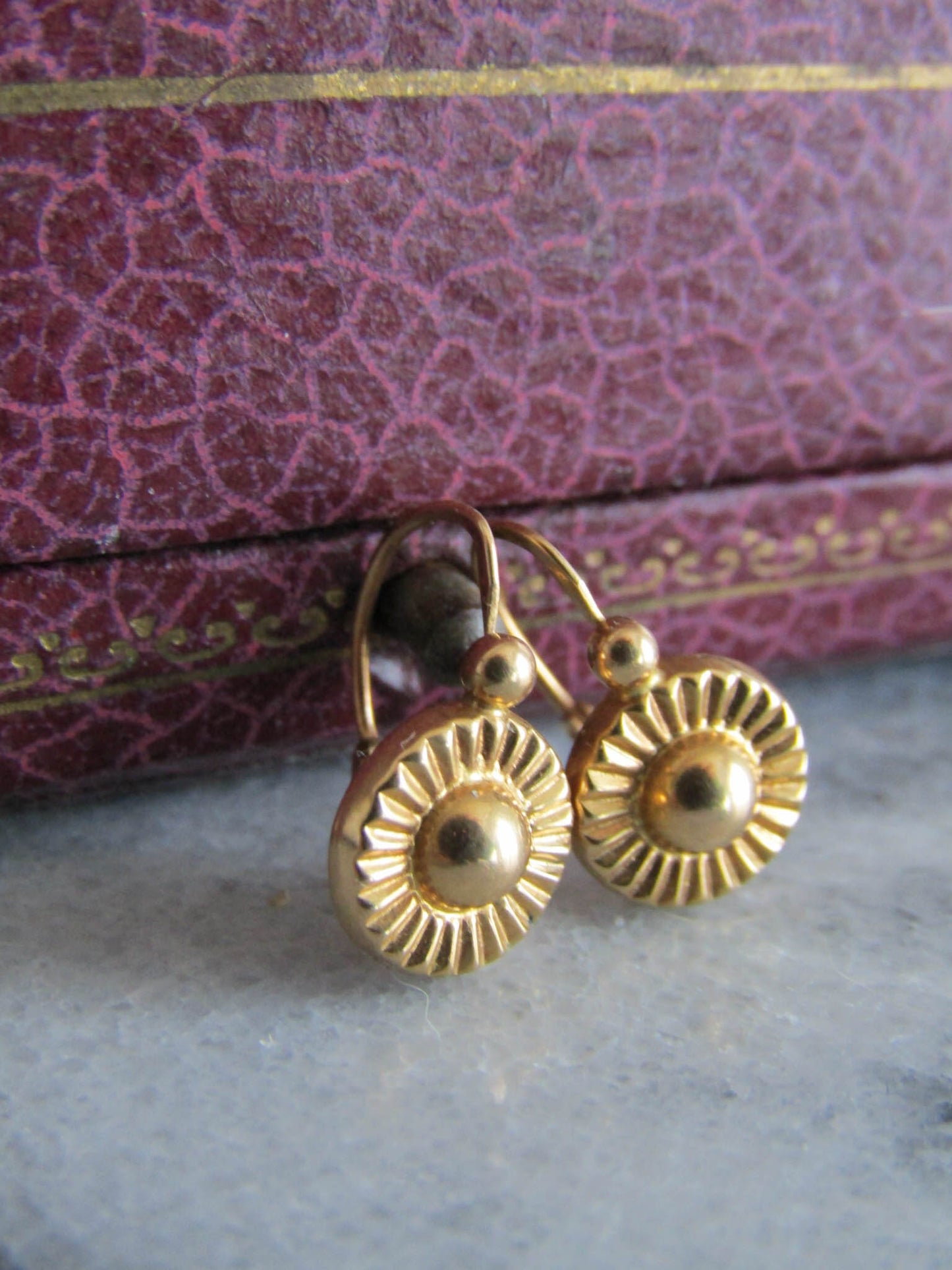 18K Gold French Vintage Mid-Century Sunburst Earrings, Vintage French Drop Earrings