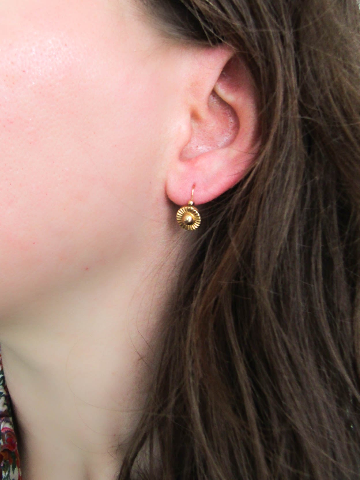 18K Gold French Vintage Mid-Century Sunburst Earrings, Vintage French Drop Earrings