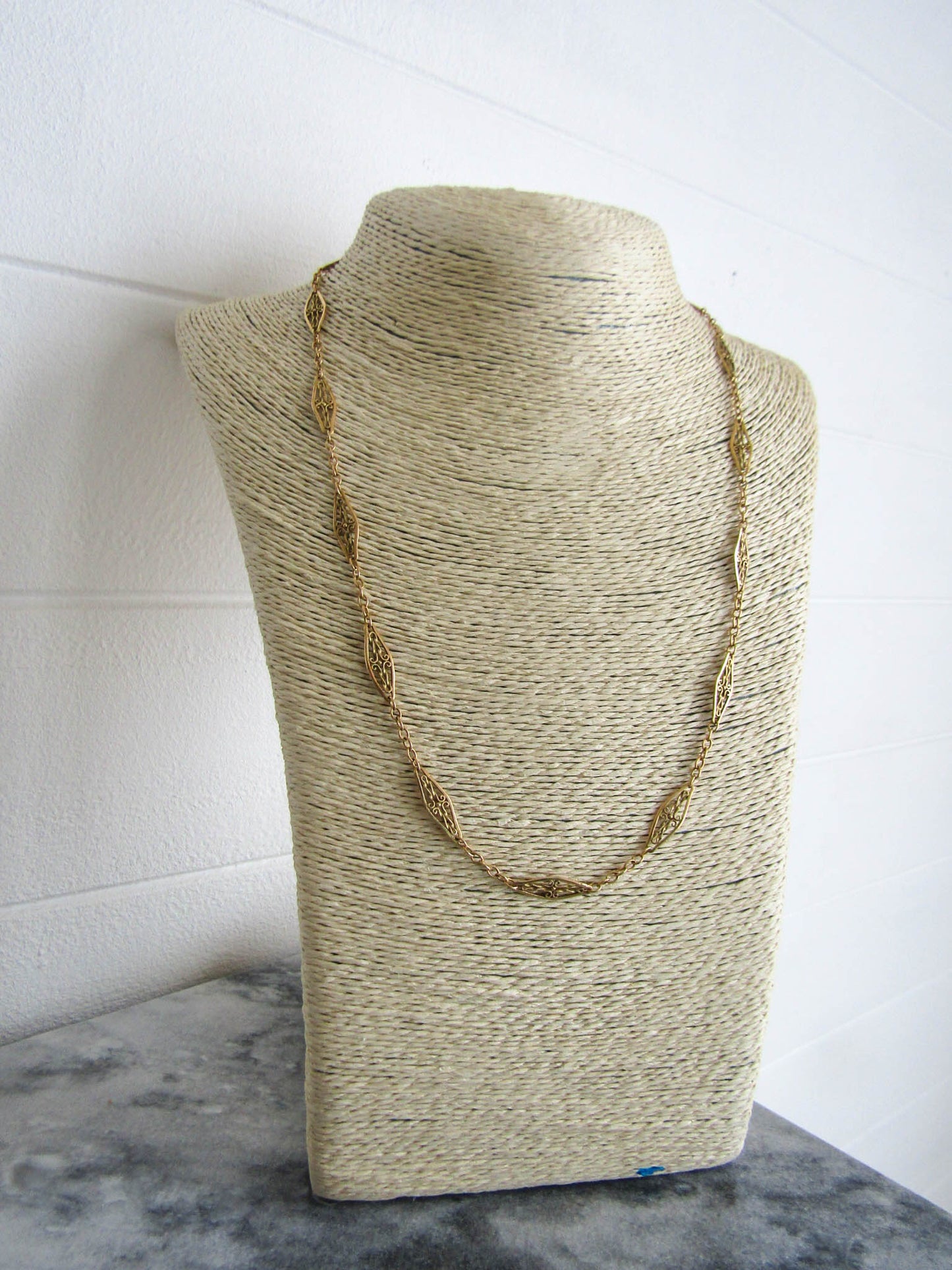 22" 18K Solid Gold Filigree Necklace with Safety Chain, Antique French Filigree Sautoir c. 1900
