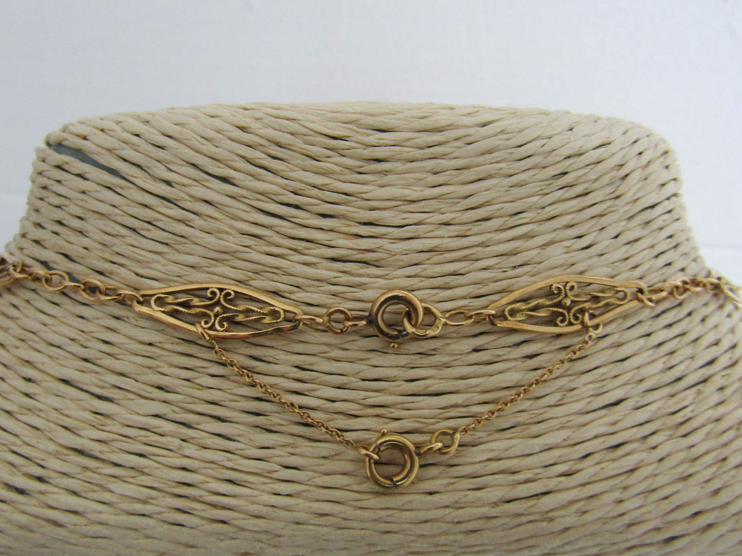 22" 18K Solid Gold Filigree Necklace with Safety Chain, Antique French Filigree Sautoir c. 1900