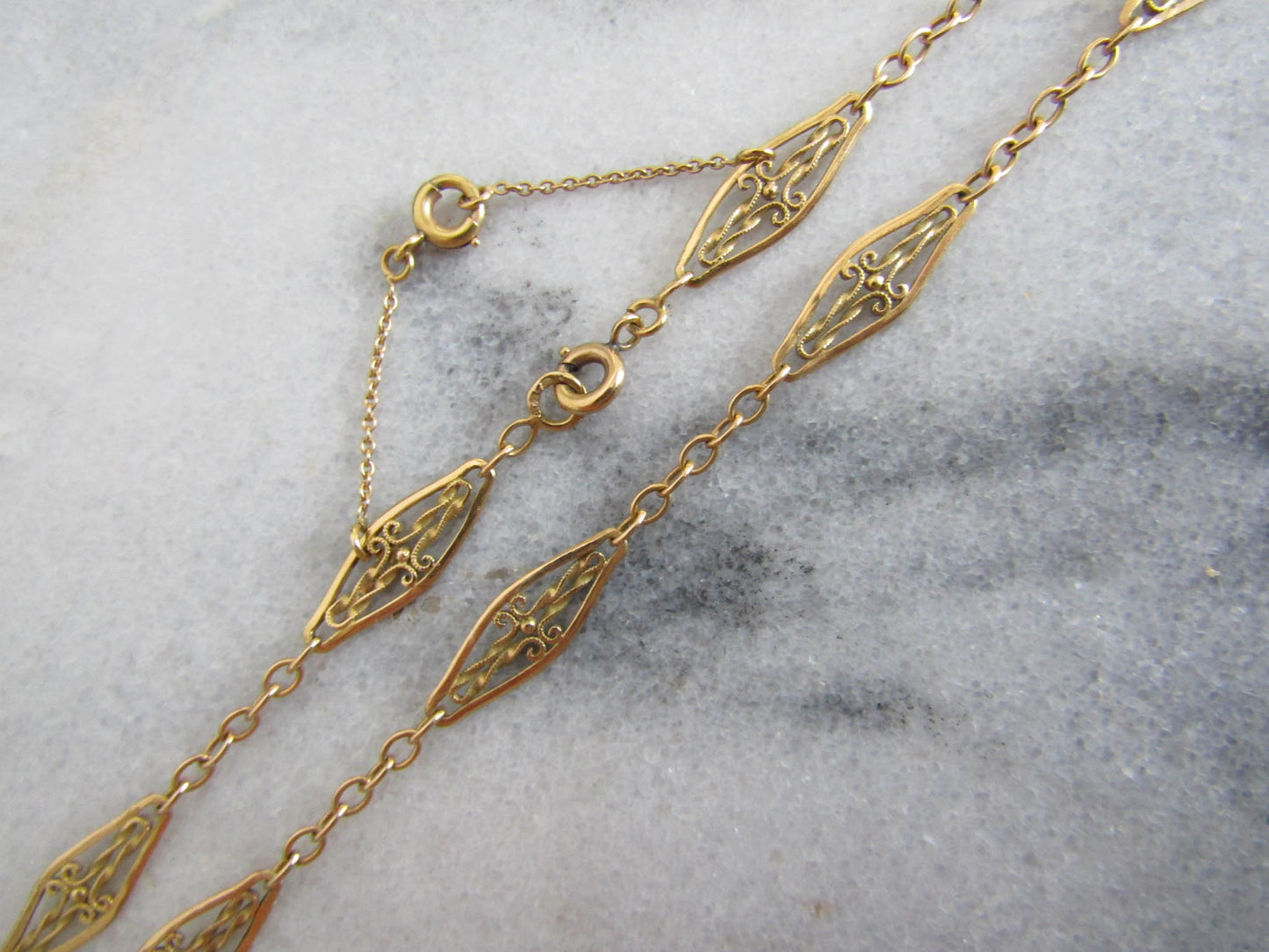 22" 18K Solid Gold Filigree Necklace with Safety Chain, Antique French Filigree Sautoir c. 1900