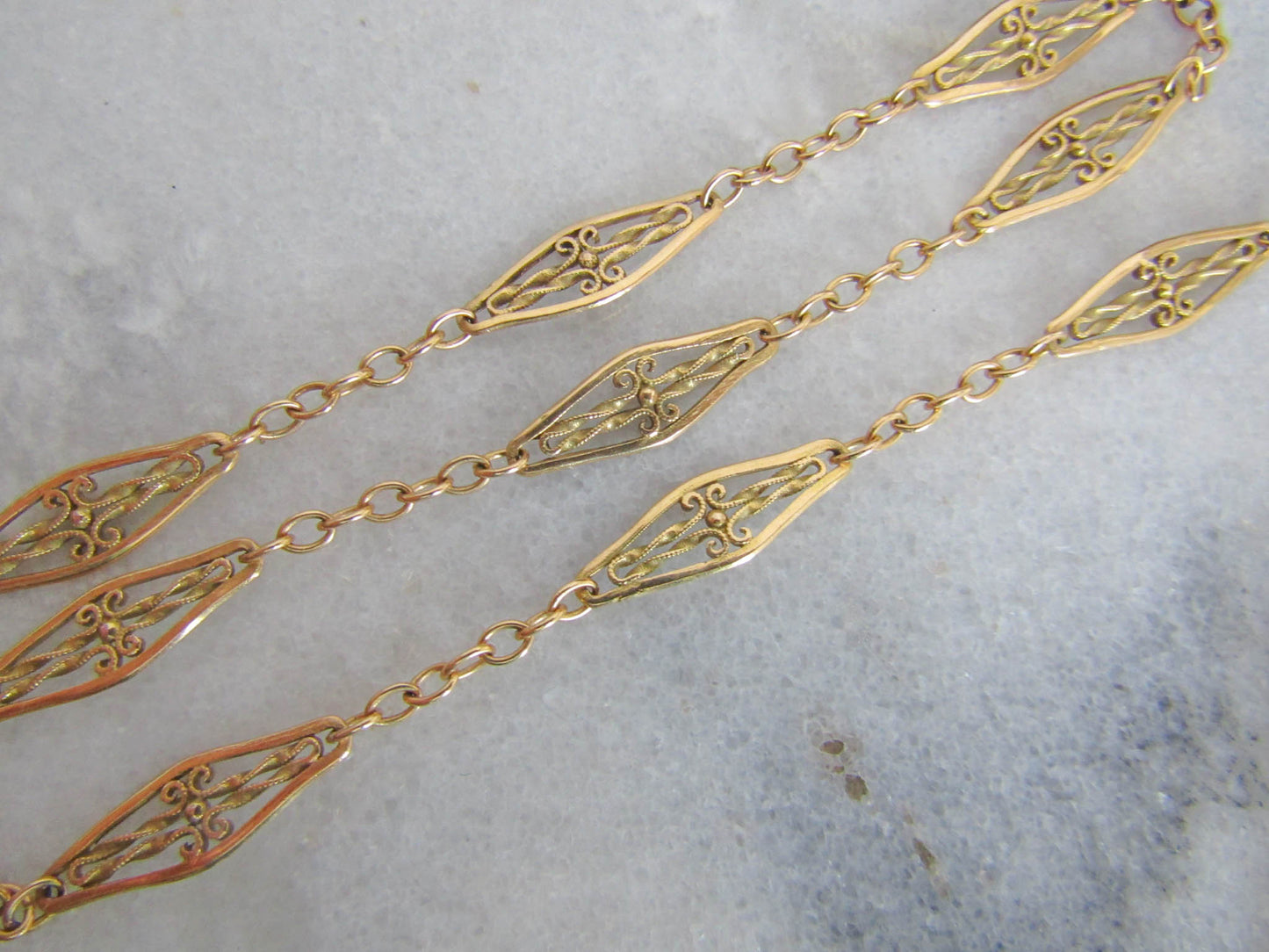 22" 18K Solid Gold Filigree Necklace with Safety Chain, Antique French Filigree Sautoir c. 1900