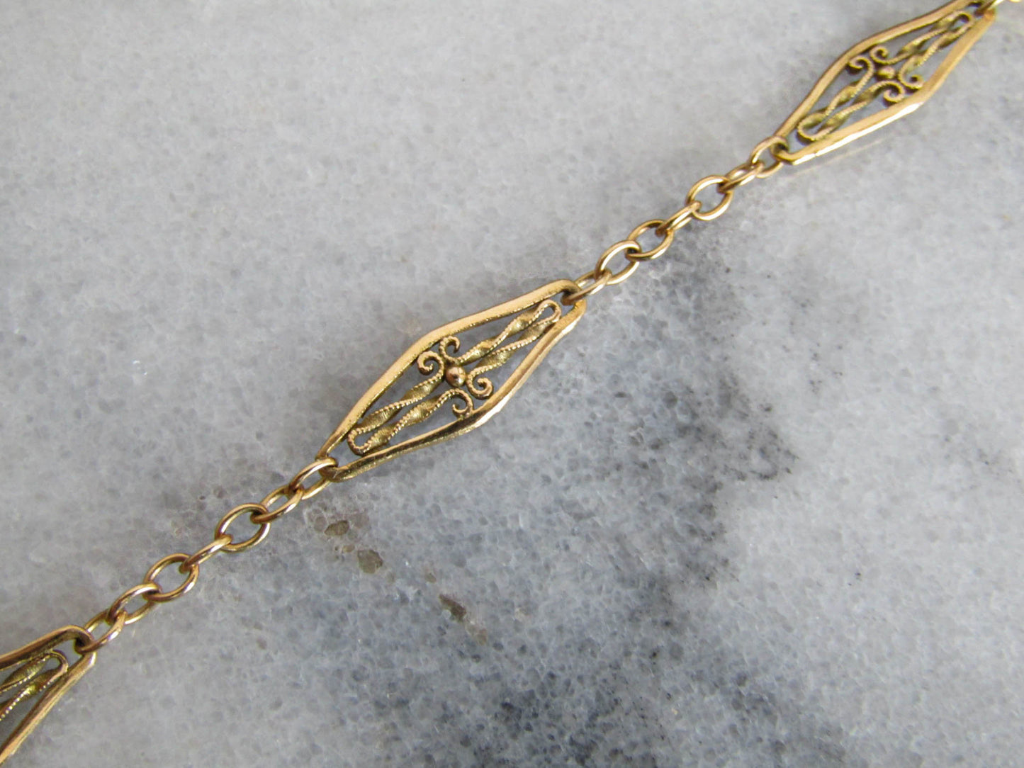 22" 18K Solid Gold Filigree Necklace with Safety Chain, Antique French Filigree Sautoir c. 1900
