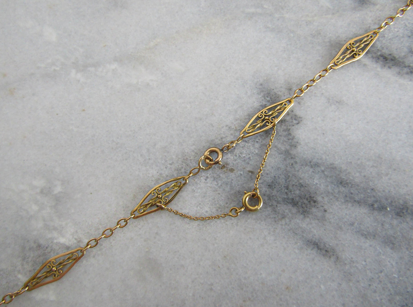 22" 18K Solid Gold Filigree Necklace with Safety Chain, Antique French Filigree Sautoir c. 1900