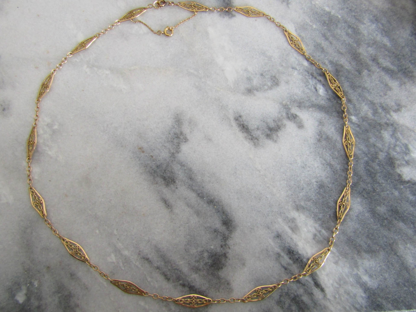 22" 18K Solid Gold Filigree Necklace with Safety Chain, Antique French Filigree Sautoir c. 1900