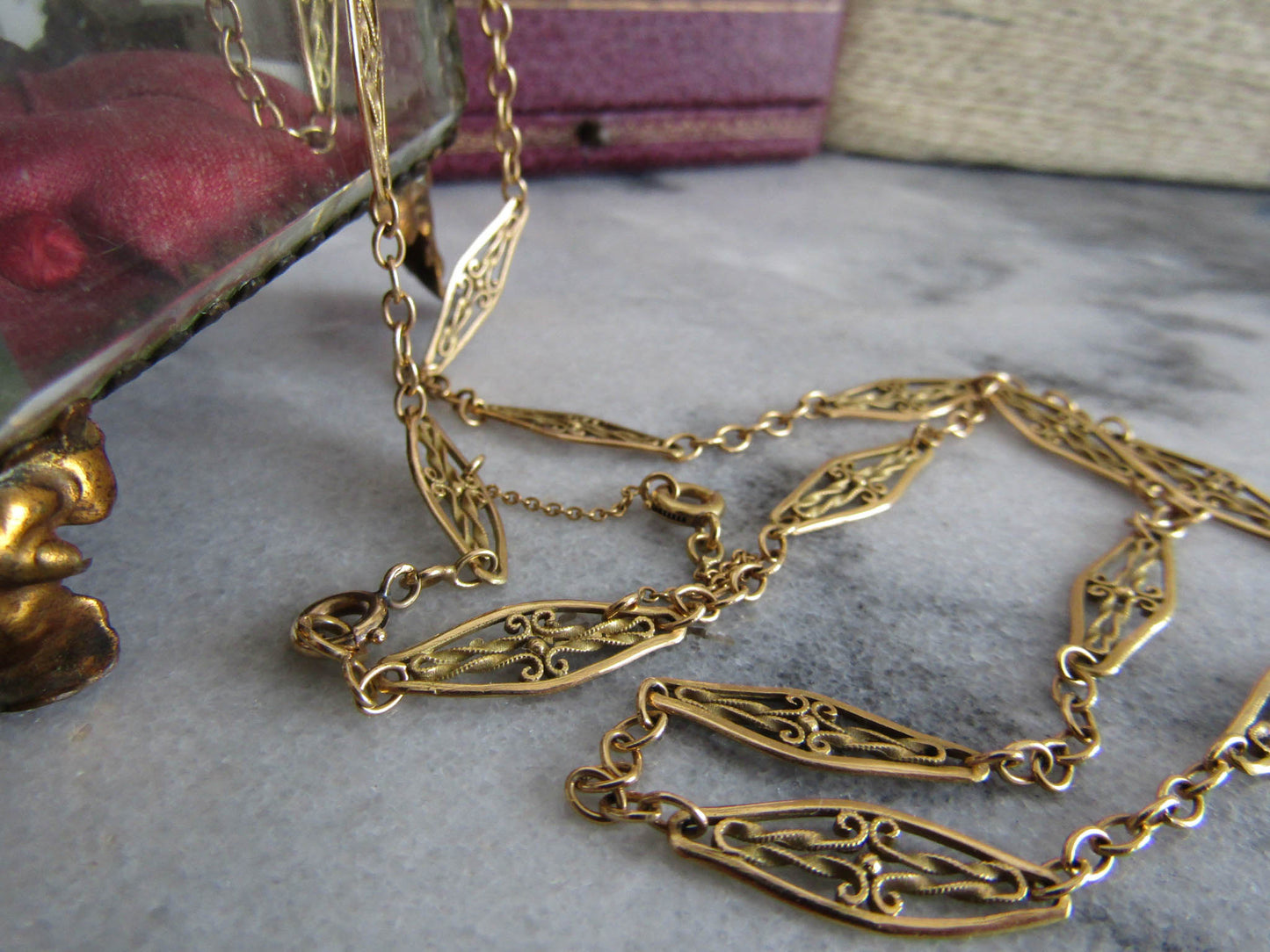 22" 18K Solid Gold Filigree Necklace with Safety Chain, Antique French Filigree Sautoir c. 1900