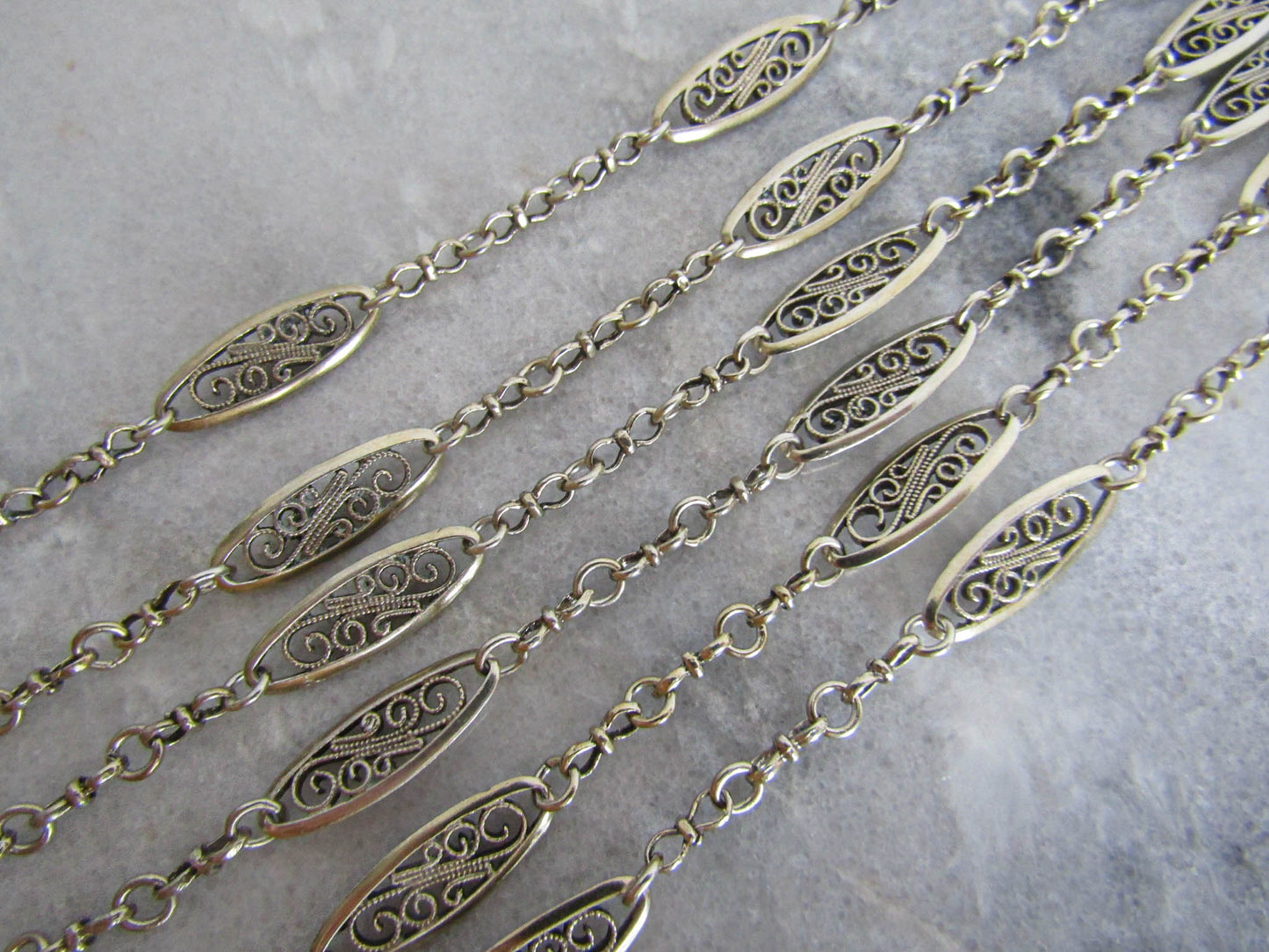 53.5" Antique French Silver Filigree Long Guard Chain, Victorian Muff Chain with hanging bolt ring