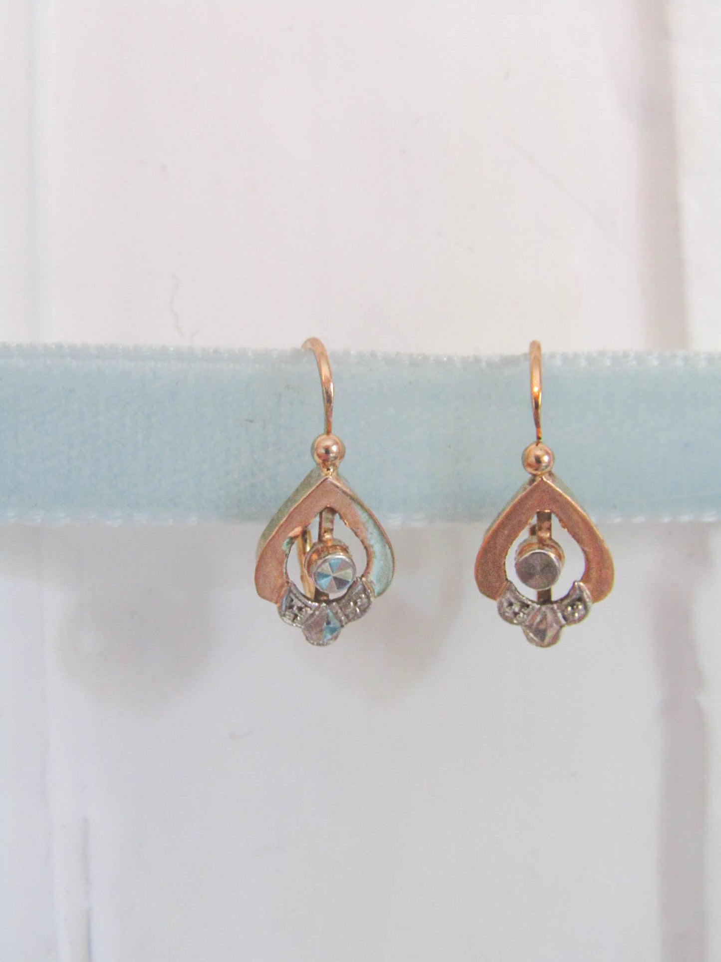 18k Solid Gold Bi-color Art Deco Earrings, Antique French Sleeper Earrings c. 1920