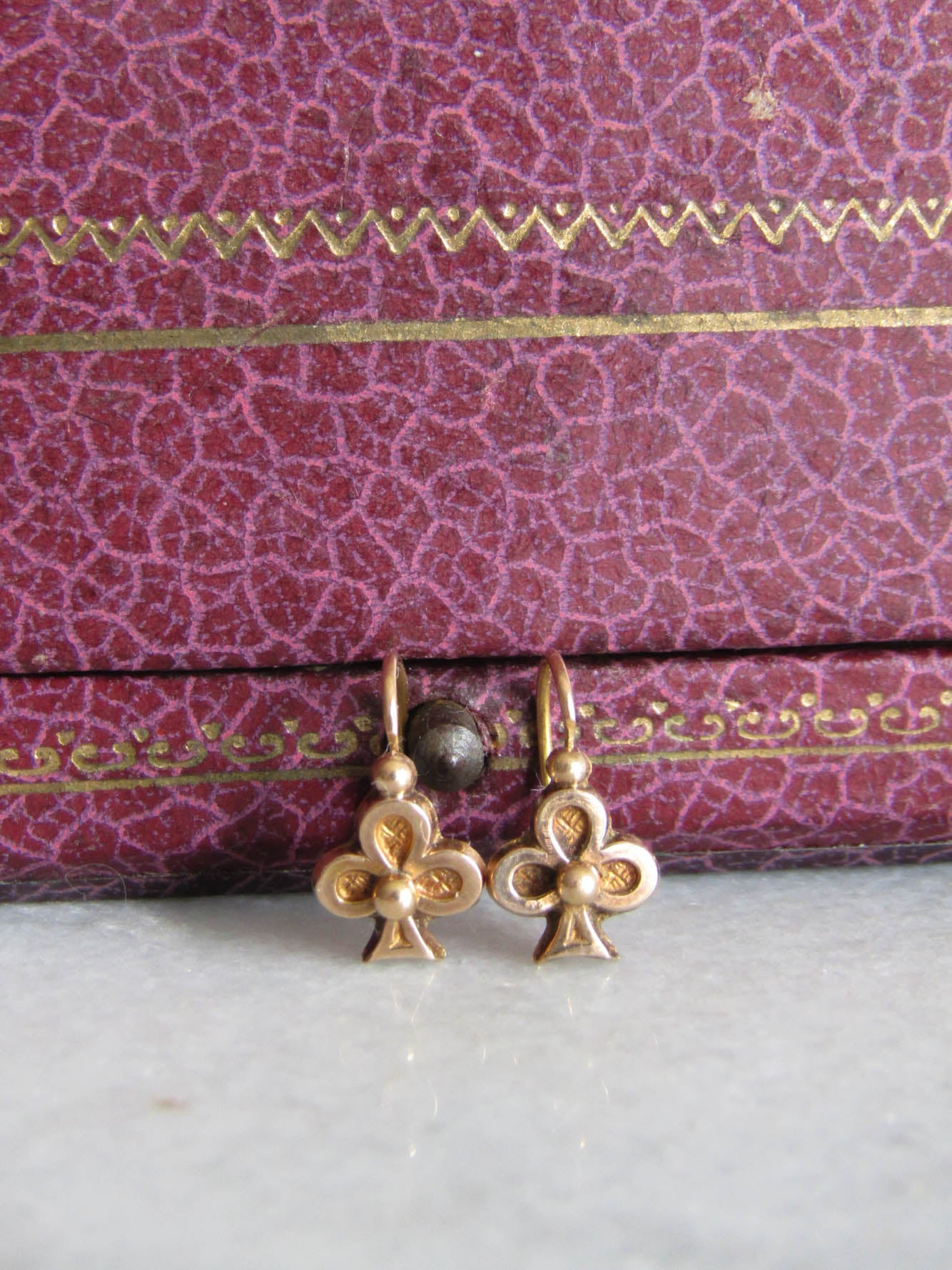 18K Lucky Shamrock Earrings, Antique French Belle Epoque Sleeper Earrings, Dormeuse
