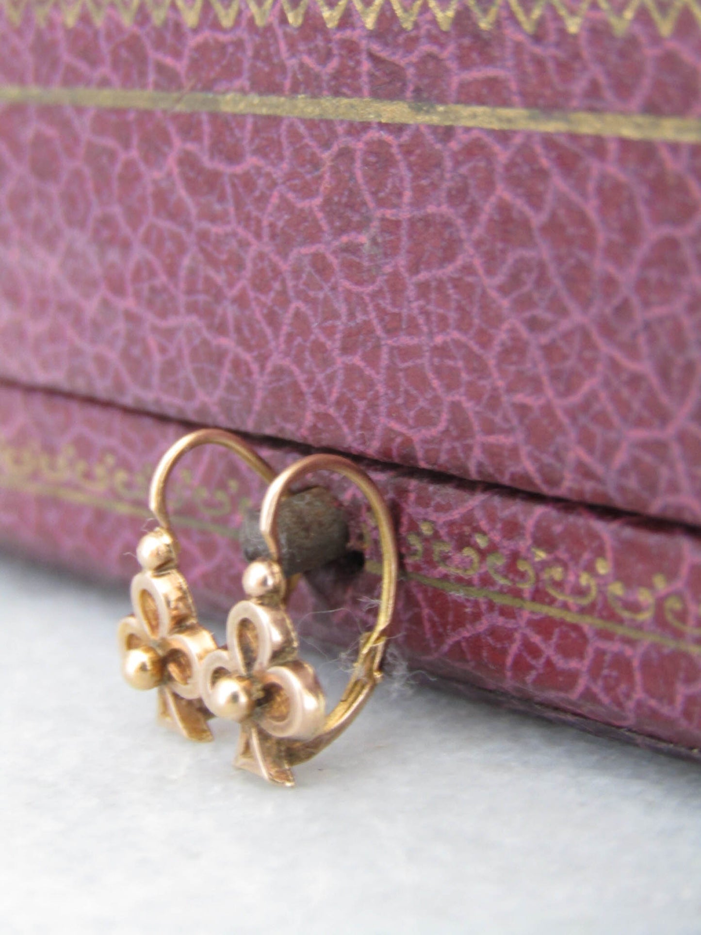 18K Lucky Shamrock Earrings, Antique French Belle Epoque Sleeper Earrings, Dormeuse