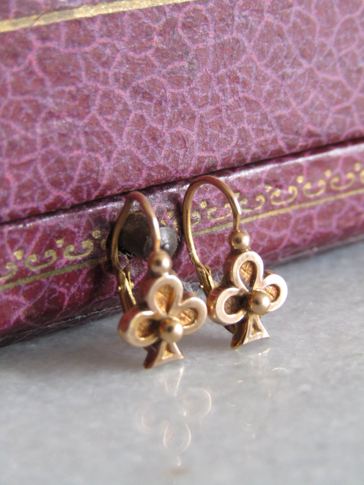 18K Lucky Shamrock Earrings, Antique French Belle Epoque Sleeper Earrings, Dormeuse