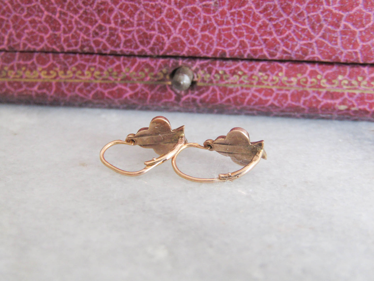 18K Lucky Shamrock Earrings, Antique French Belle Epoque Sleeper Earrings, Dormeuse