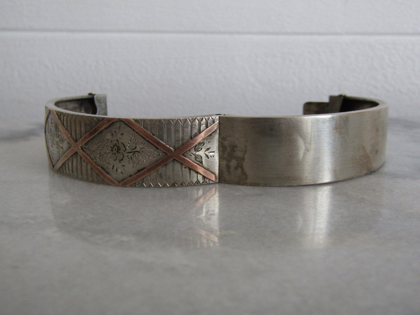 Antique French Victorian Silver & Rose Gold Vermeil Bangle, Belle Epoque Box Clasp Bangle Bracelet