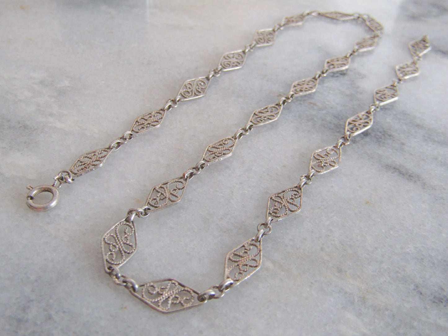 Antique Silver Filigree Choker Necklace, Vintage Art Nouveau Silver Filigree Chain c. 1900