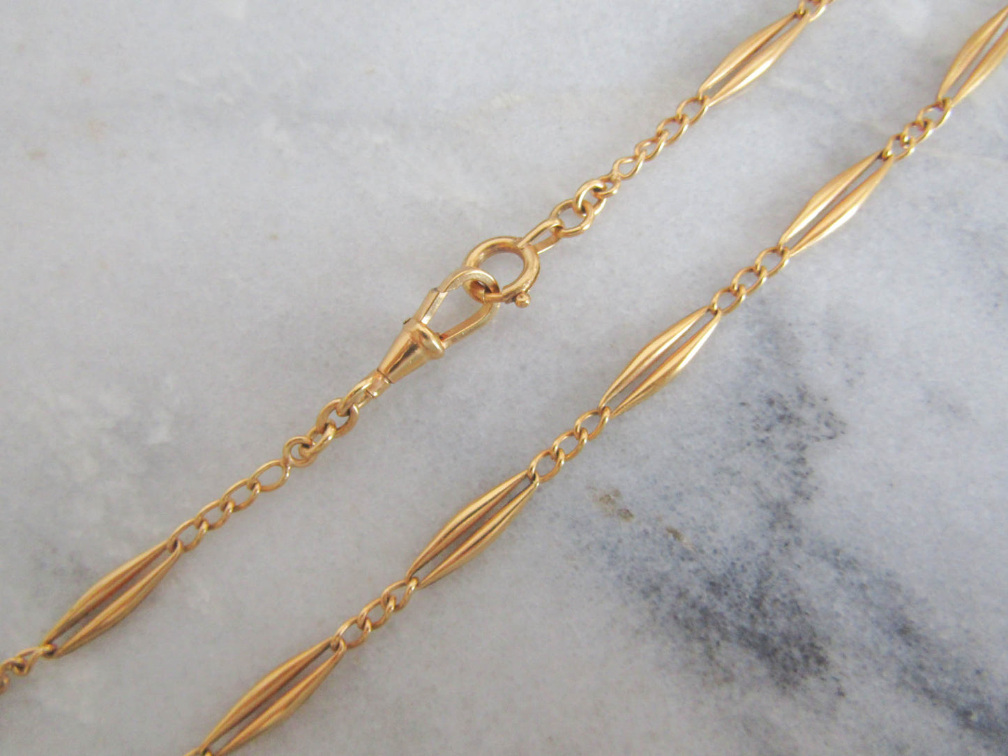 Gold Filled Art Deco Watch Chain, Vintage French Necklace with Dog Clip Clasp and Bolt Ring