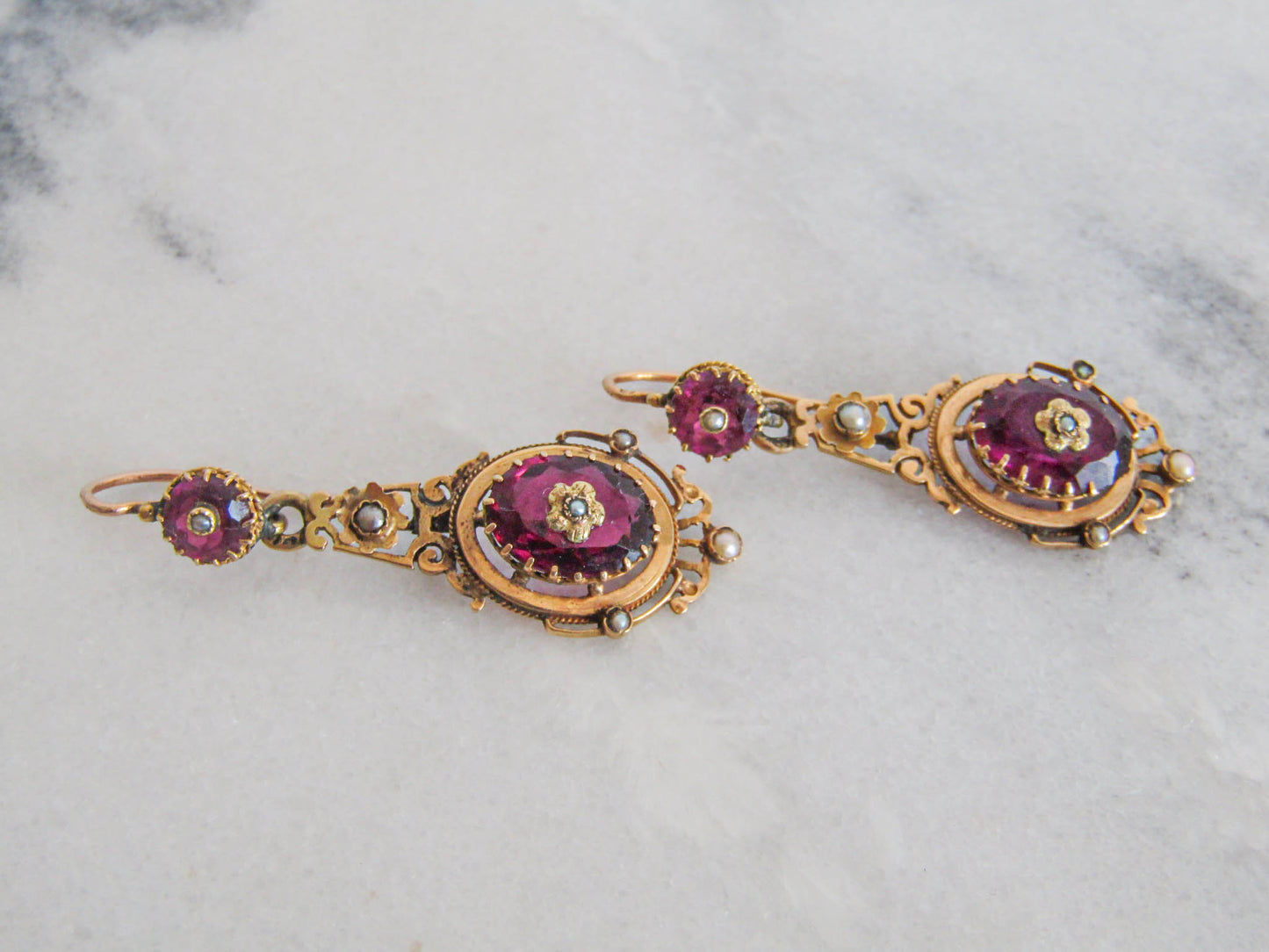 18K Gold Amethyst Napoleon III Pendant Earrings, Antique French Statement Earrings c. 1880