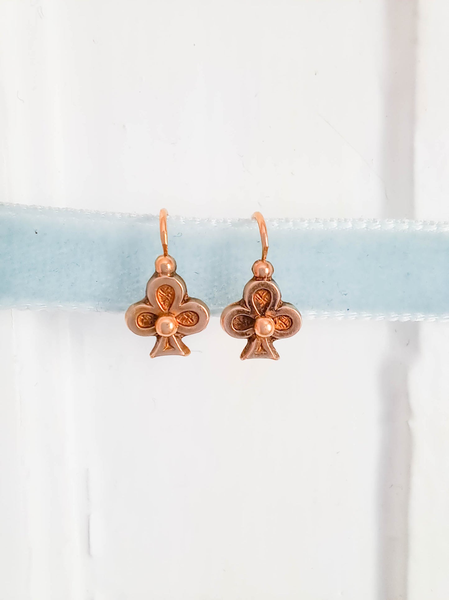 18K Lucky Shamrock Earrings, Antique French Belle Epoque Sleeper Earrings, Dormeuse
