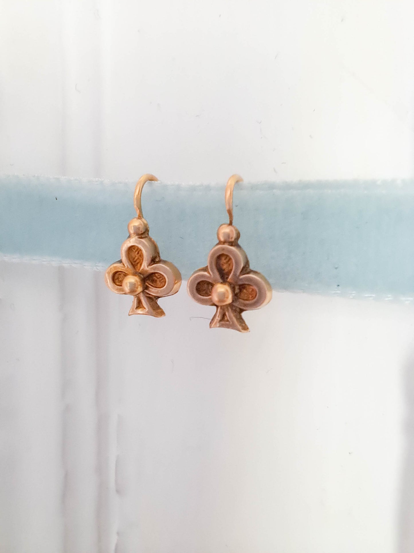 18K Lucky Shamrock Earrings, Antique French Belle Epoque Sleeper Earrings, Dormeuse
