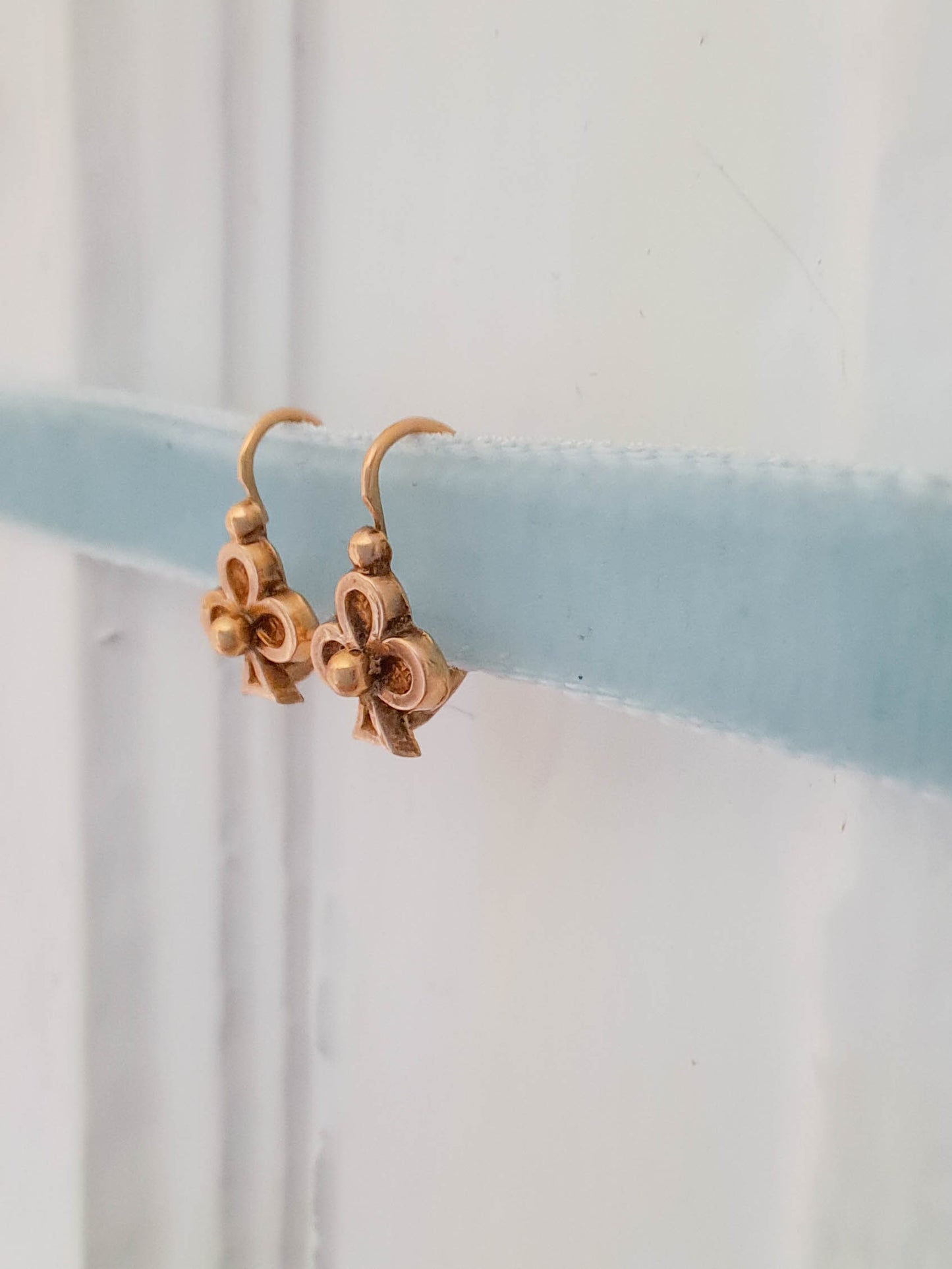 18K Lucky Shamrock Earrings, Antique French Belle Epoque Sleeper Earrings, Dormeuse