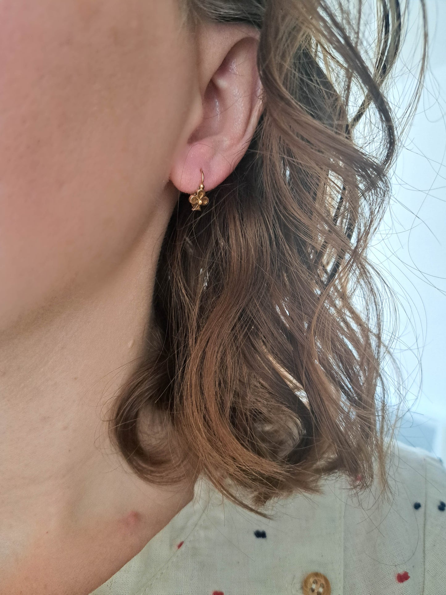 18K Lucky Shamrock Earrings, Antique French Belle Epoque Sleeper Earrings, Dormeuse