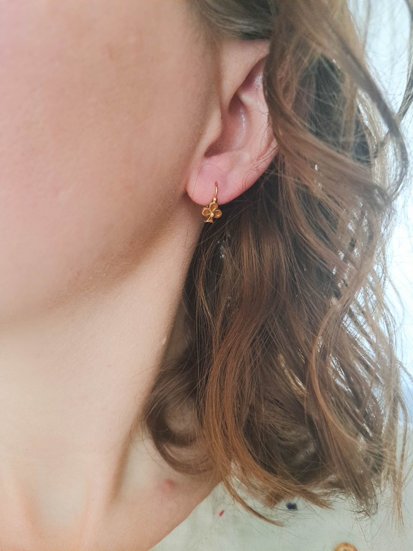 18K Lucky Shamrock Earrings, Antique French Belle Epoque Sleeper Earrings, Dormeuse