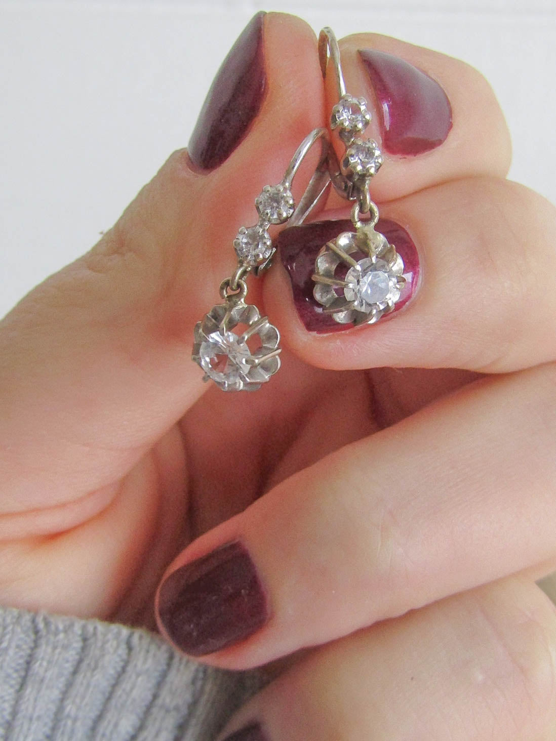 Antique 18K White Gold Art Deco Rock Crystal Trembleuse Earrings c. 1930