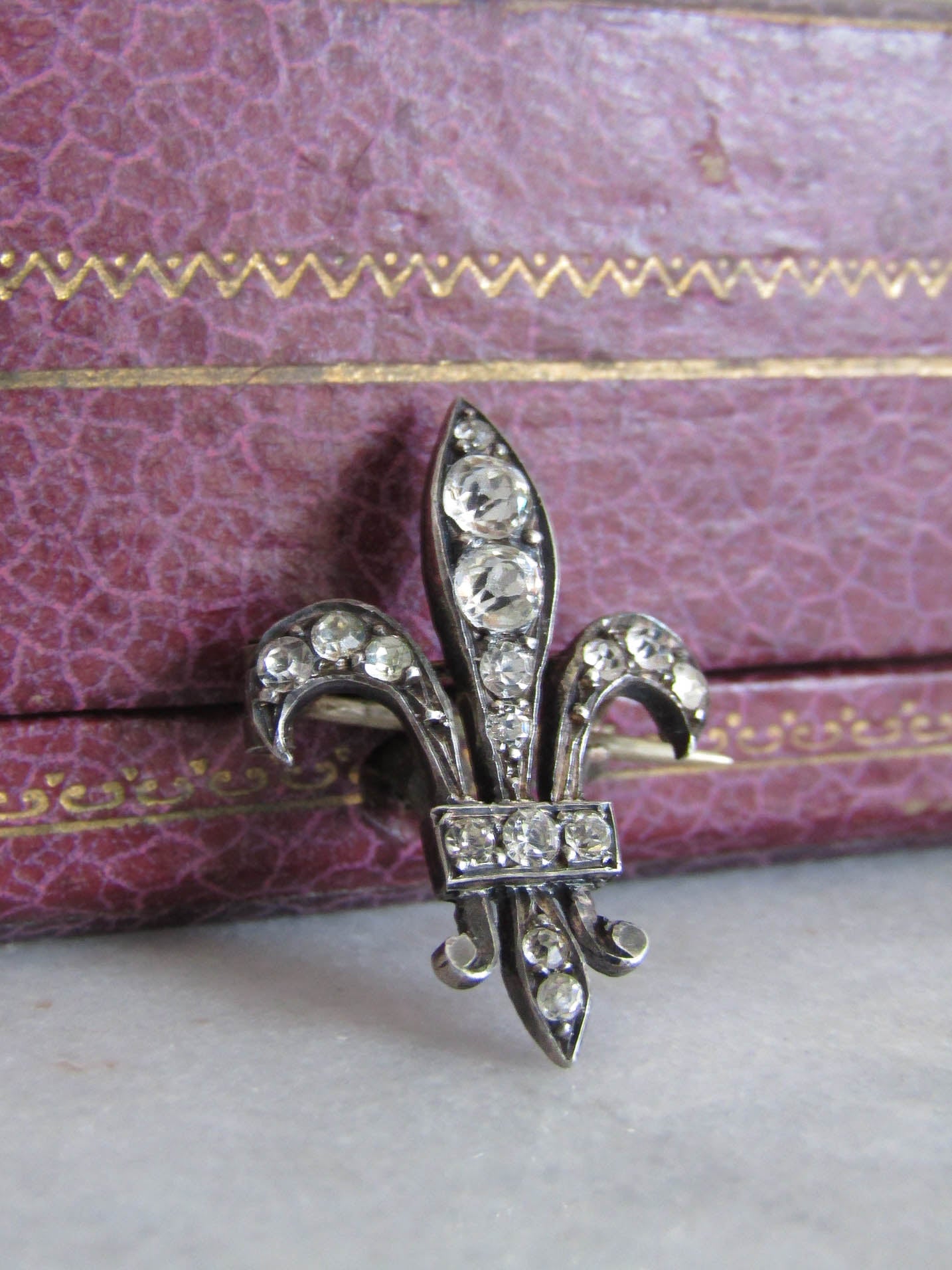 Silver Paste Fleur de Lis Brooch, Antique French Fleur de Lys