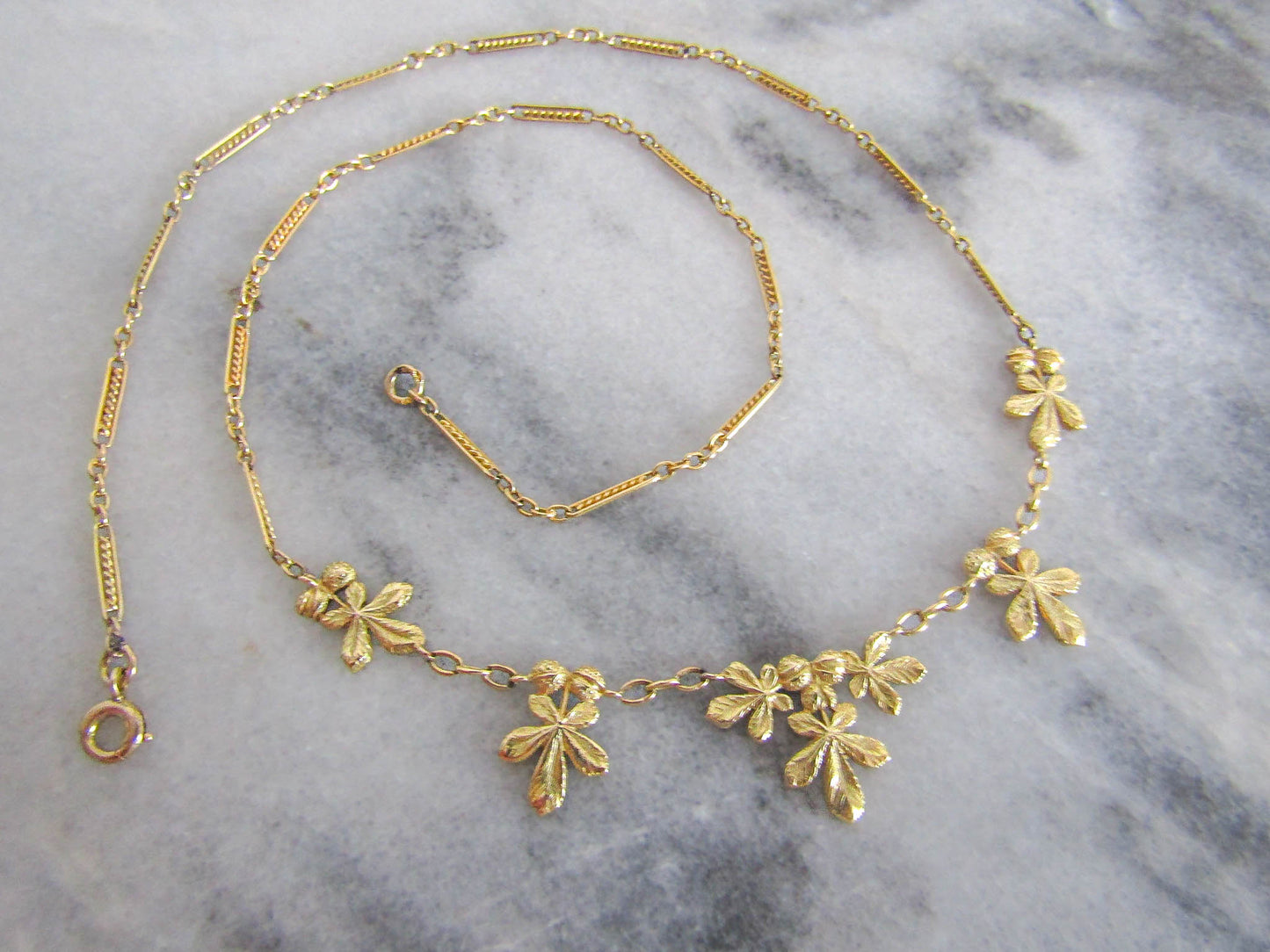 18K Solid Gold Chestnut Drapery Necklace, Antique French Chestnut Leaves Necklace c. 1900