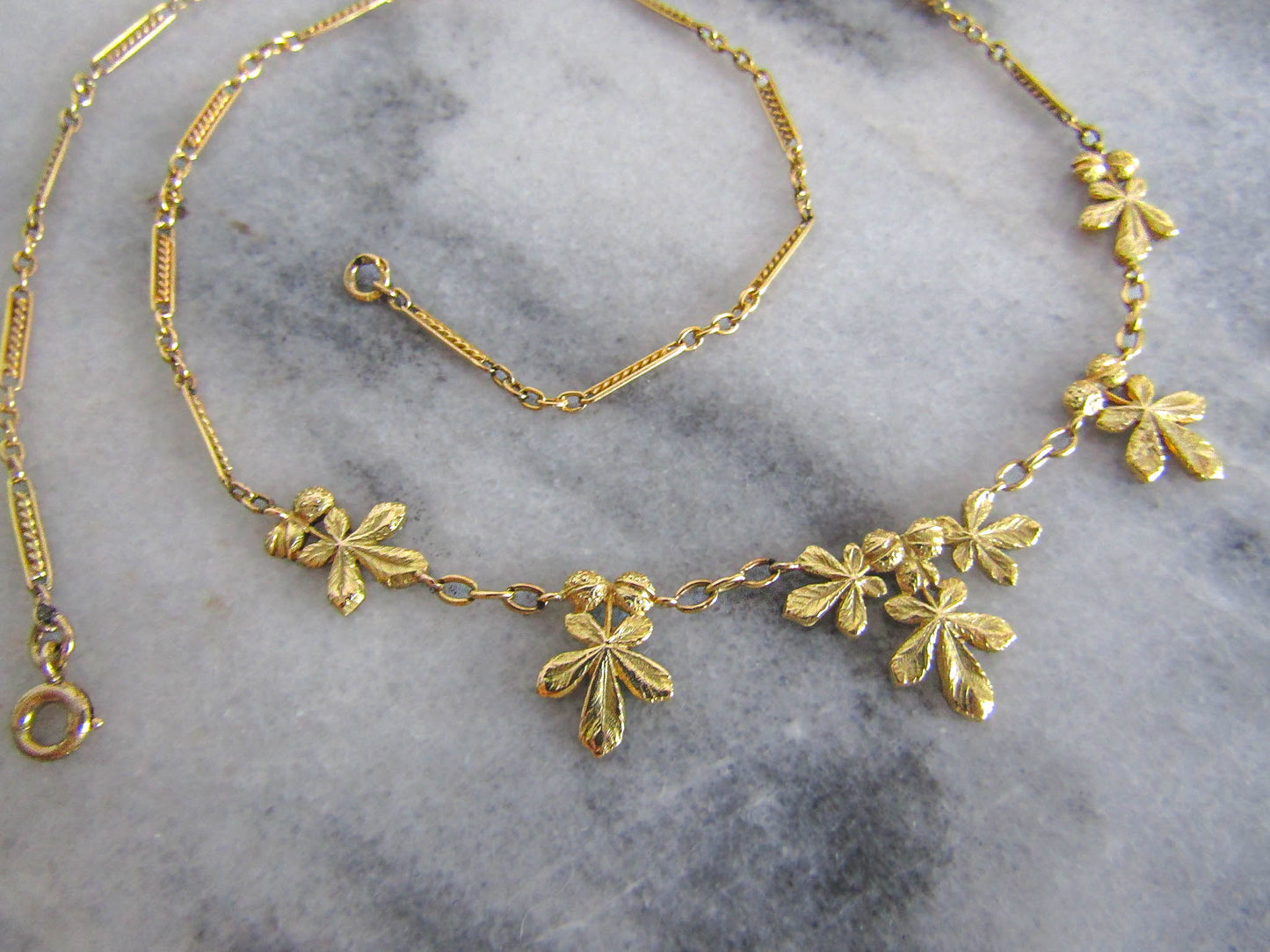 18K Solid Gold Chestnut Drapery Necklace, Antique French Chestnut Leaves Necklace c. 1900