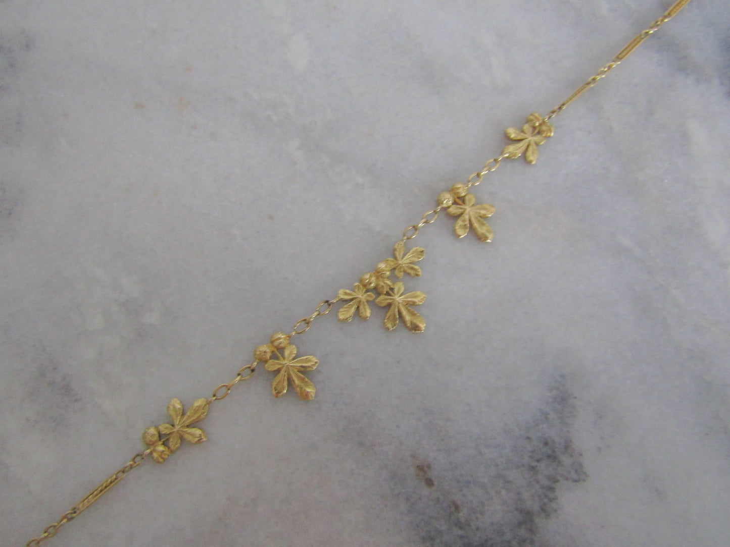 18K Solid Gold Chestnut Drapery Necklace, Antique French Chestnut Leaves Necklace c. 1900