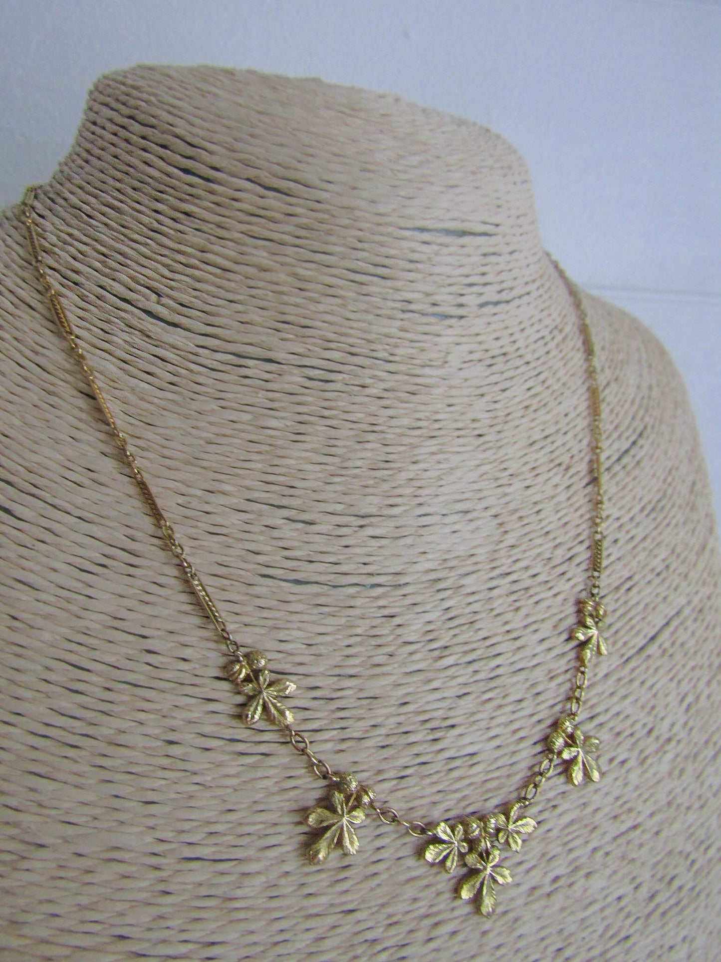 18K Solid Gold Chestnut Drapery Necklace, Antique French Chestnut Leaves Necklace c. 1900