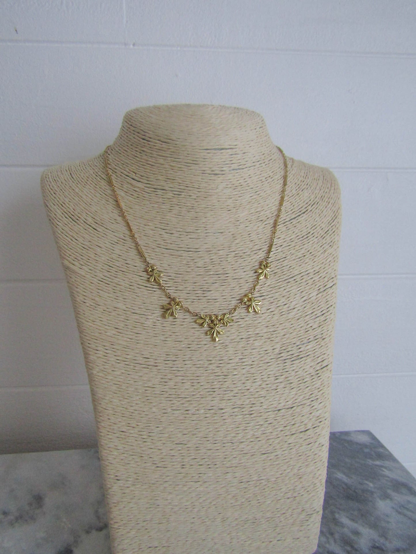 18K Solid Gold Chestnut Drapery Necklace, Antique French Chestnut Leaves Necklace c. 1900