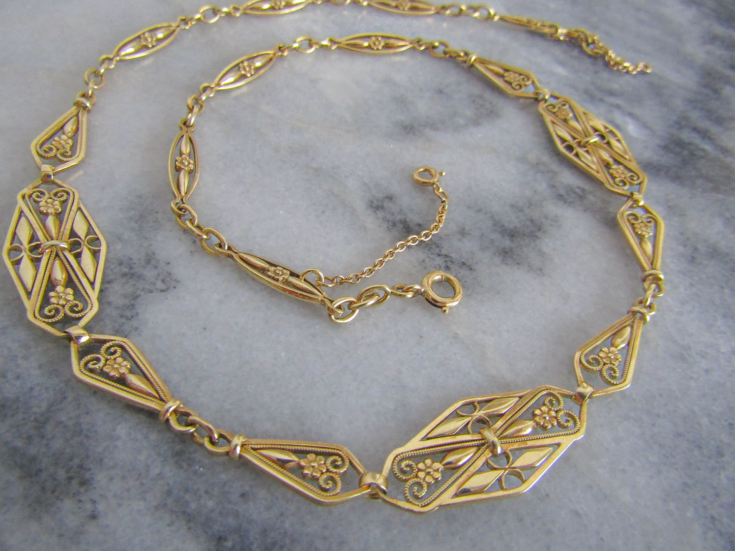 Heavy 23 g 18K Floral Drapery Necklace, Antique Solid Gold Floral Choker with security chain c. 1900