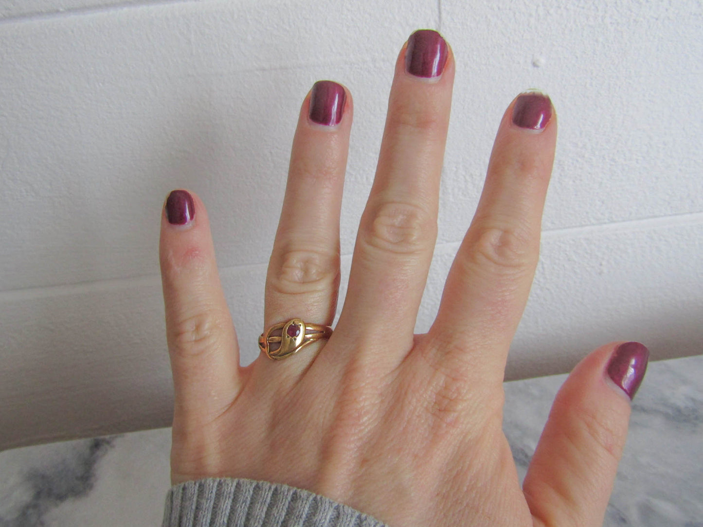 Antique 18k Solid Gold Snake Ring with Ruby Eye, French Victorian Belle Epoque Snake Ring