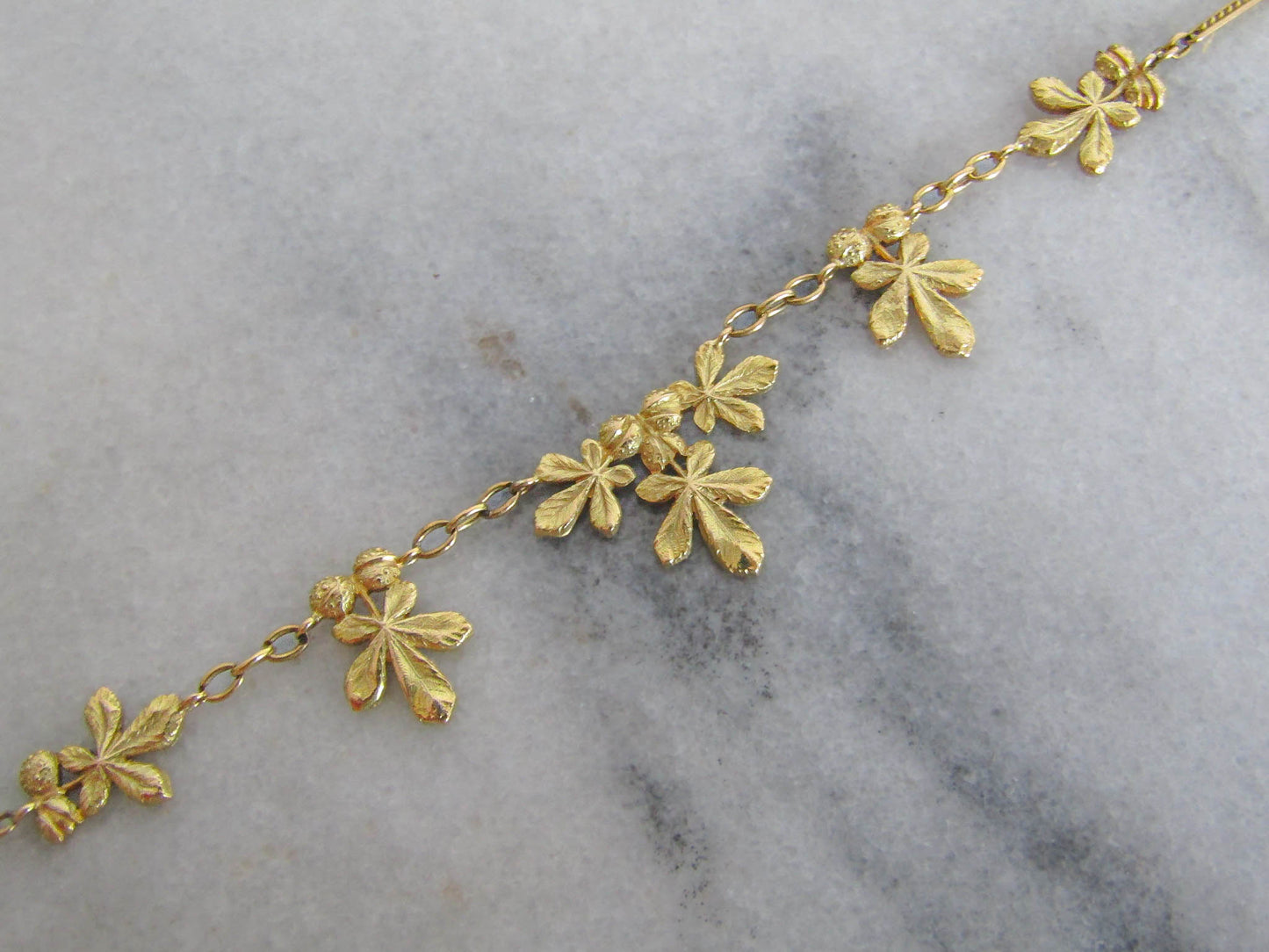 18K Solid Gold Chestnut Drapery Necklace, Antique French Chestnut Leaves Necklace c. 1900