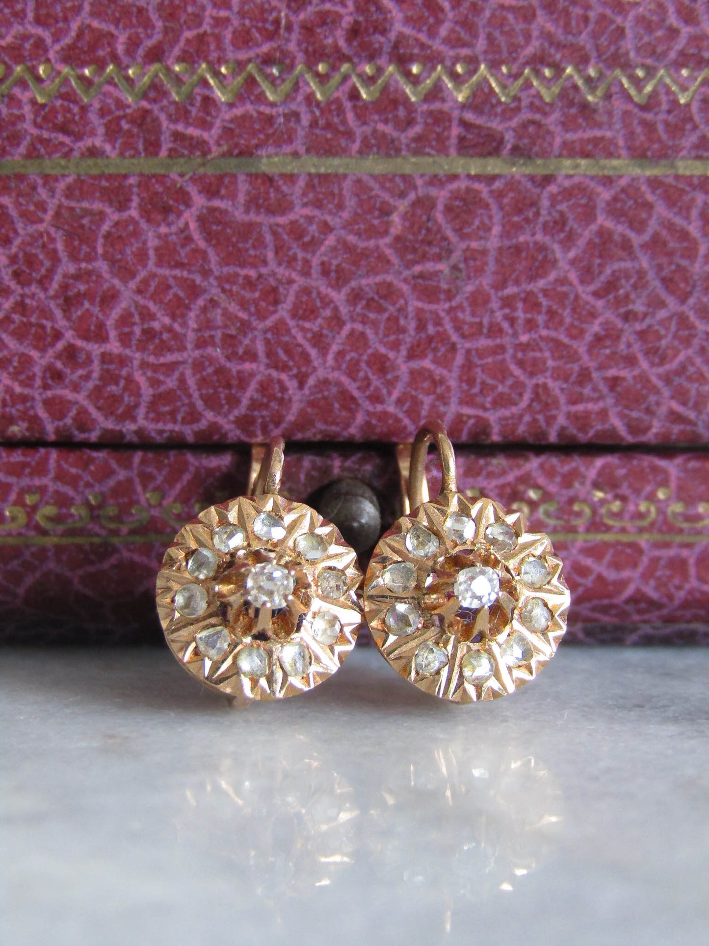 18K Antique Victorian Diamond Daisy Earrings, Antique Belle Epoque Daisy Cluster Earrings