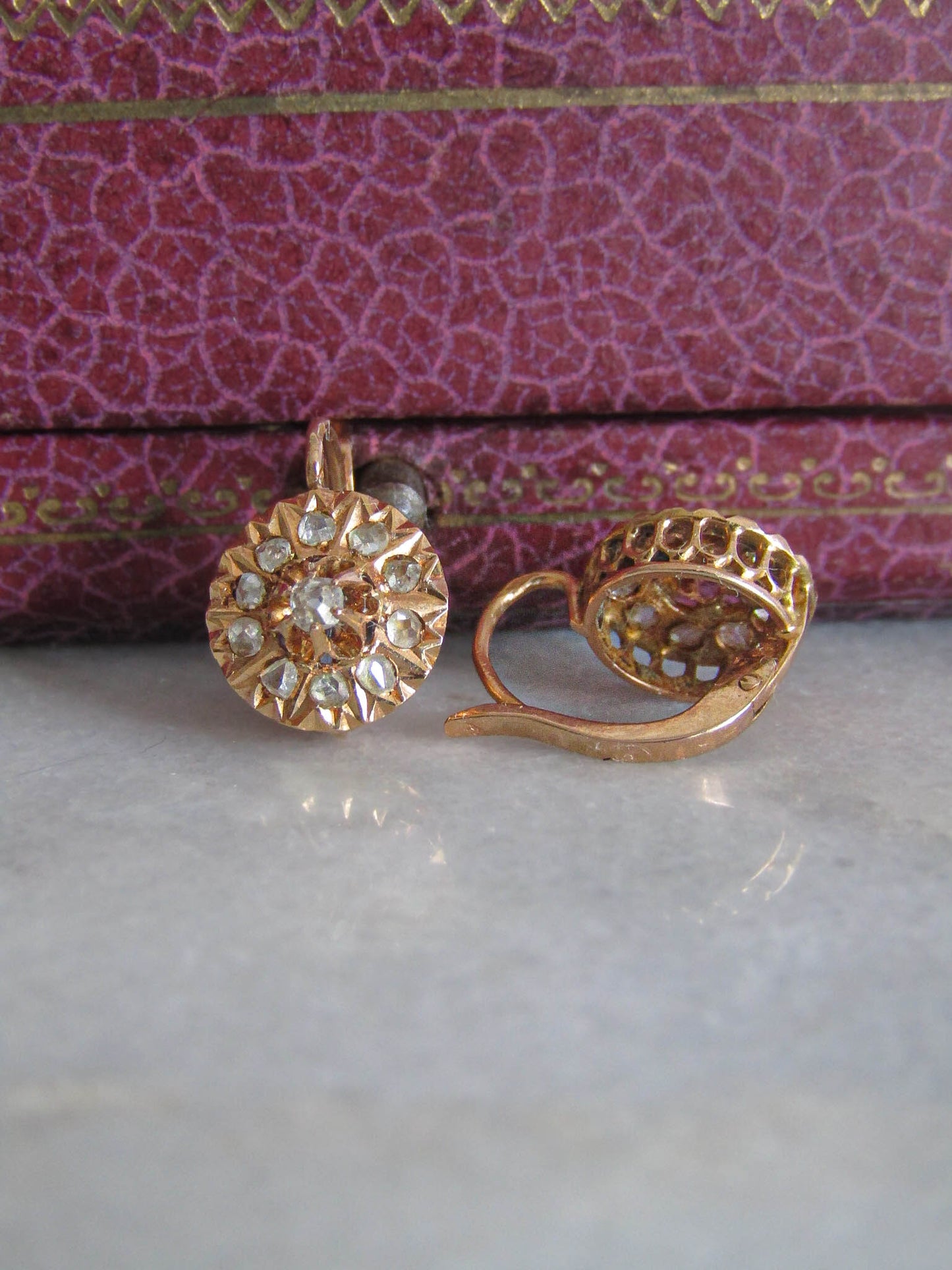 18K Antique Victorian Diamond Daisy Earrings, Antique Belle Epoque Daisy Cluster Earrings