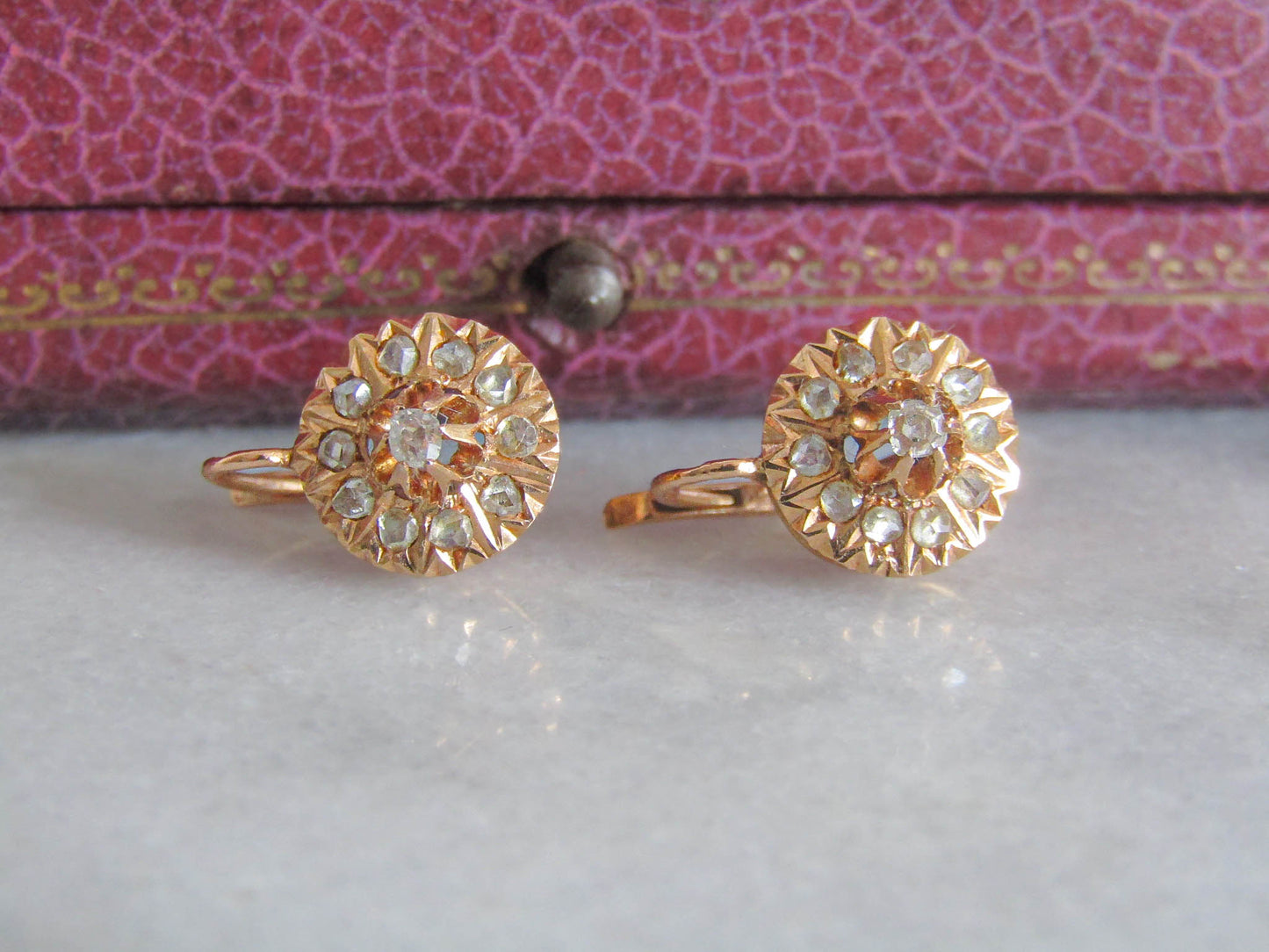 18K Antique Victorian Diamond Daisy Earrings, Antique Belle Epoque Daisy Cluster Earrings