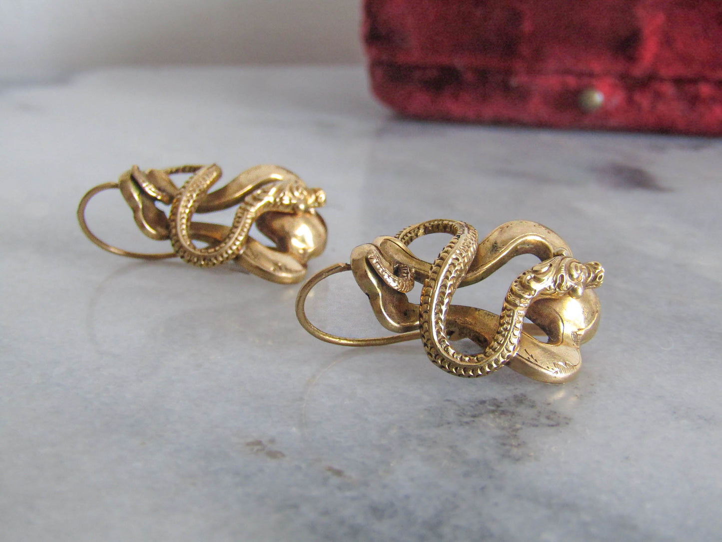 Antique 18K Snake Earrings, Victorian Belle Epoque Sleeper Earrings, Napoleon III Serpent Dormeuse c. 1860