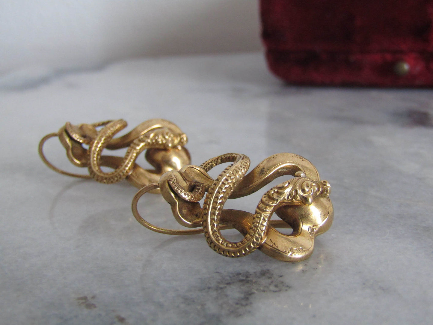 Antique 18K Snake Earrings, Victorian Belle Epoque Sleeper Earrings, Napoleon III Serpent Dormeuse c. 1860